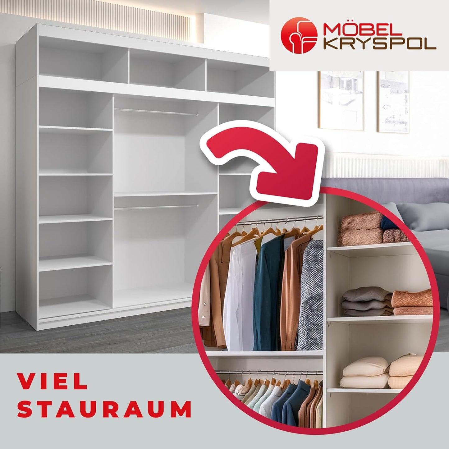 MEBLE KRYSPOL Kleiderschrank mit Spiegel Monaco - Garderobenschrank - Schrank Schlafzimmer - Mehrzweckschrank DREI Schiebetüren - Regalen - Flur Möbel - Kleiderstange Schrank - Allzweckschrank