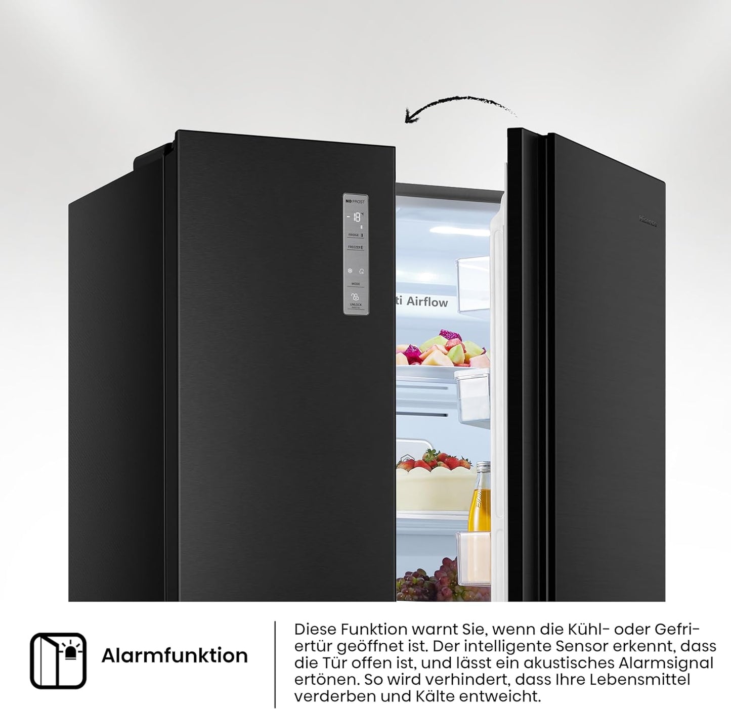 Hisense RS677N4AFC Side by Side Kühl – Gefrier - Kombination,179cm, 519 Liter Gesamtkapazität, EEK: C, LED Beleuchtung, Multi Air Flow, Inverter Kompressor, Touch Display, schwarz