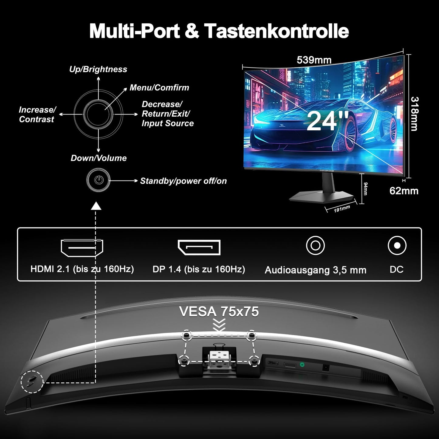Minifire MFG32C3Q Gaming Curved Monitor 32 Inch 180Hz, 2K WQHD (2560 x 1440), 1500R, 1ms (MPRT), AMD FreeSync, sRGB 125%, VESA, 2xHDMI 2.0 / 2xDP (180Hz), Eye Care