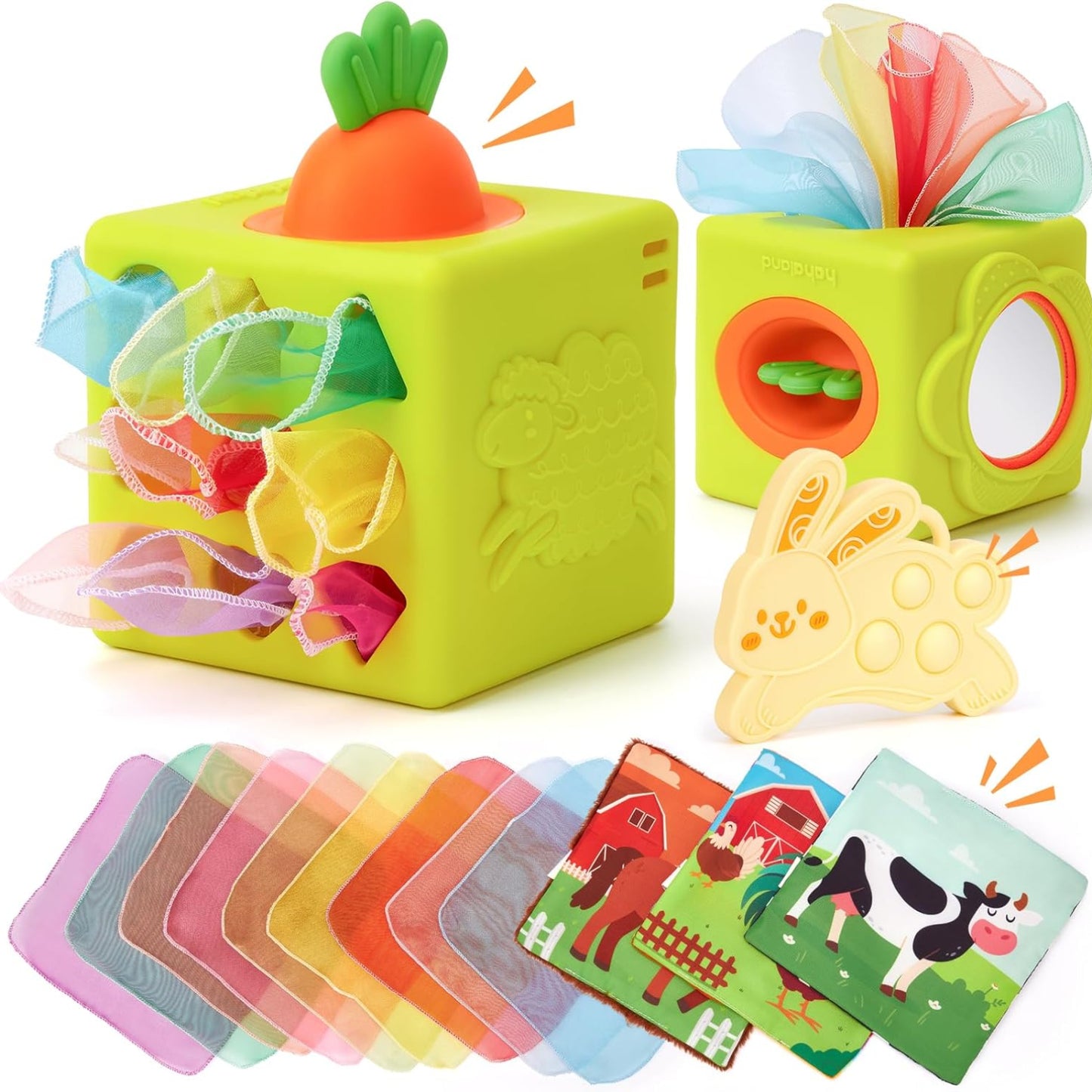 hahaland Baby Spielzeug 6 Monate - Silikon Tücher Box, Montessori Tücherbox Baby Sensorik Spielzeug, 6-in-1 Busy Würfel mit Tüchern, Spiegel, Beißring,Geschenk für Babyspielzeug ab 6 9 12 Monate