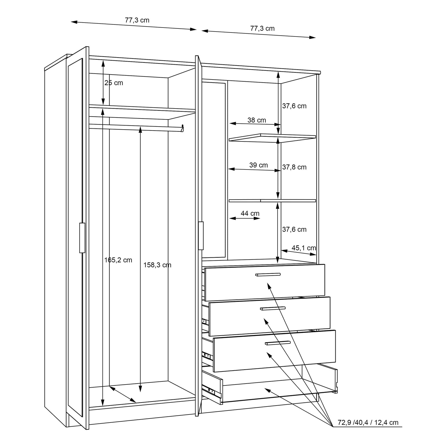 FORTE DEWANIA Kleiderschrank 160, Schrank mit offenen Regalfächern und Spiegel, Holzwerkstoff, Weiß, 159,3 cm breit, 203,4 cm hoch, 52,7 cm tief