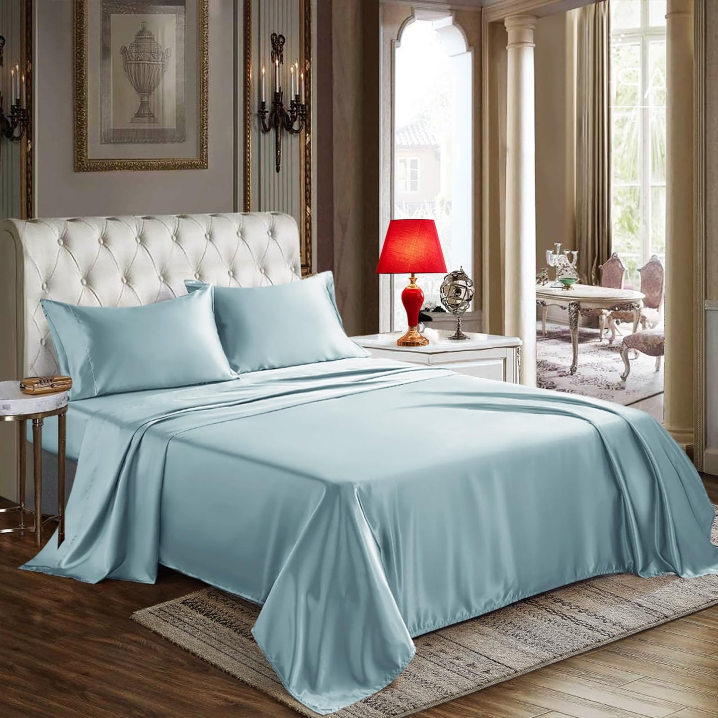 CozyLux Satin Sheets Queen Size - 4 Piece Black Bed Sheet Set with Silky Microfiber, 1 Deep Pocket Fitted Sheet, 1 Flat Sheet, and 2 Pillowcases - Smooth and Soft