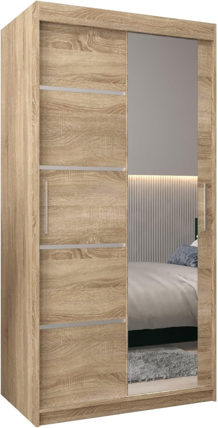 MEBLE KRYSPOL Kleiderschrank mit Spiegel Verona 2 - Garderobenschrank - Schrank Schlafzimmer - Mehrzweckschrank DREI Schiebetüren - Regalen - Flur Möbel - Kleiderstange Schrank - Allzweckschrank