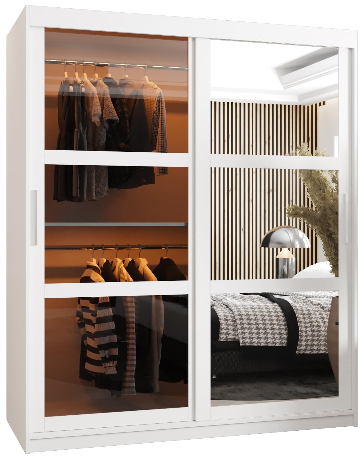 MEBLE KRYSPOL Dome 2 Schrank mit DREI Schiebetüren mit Spiegel, Stangen und Regalen - Aufbewahrungsschrank mit Rauchglas für Schlafzimmer, Wohnzimmer - 200x250x62cm - Schwarz, Schwarz, Schwarz