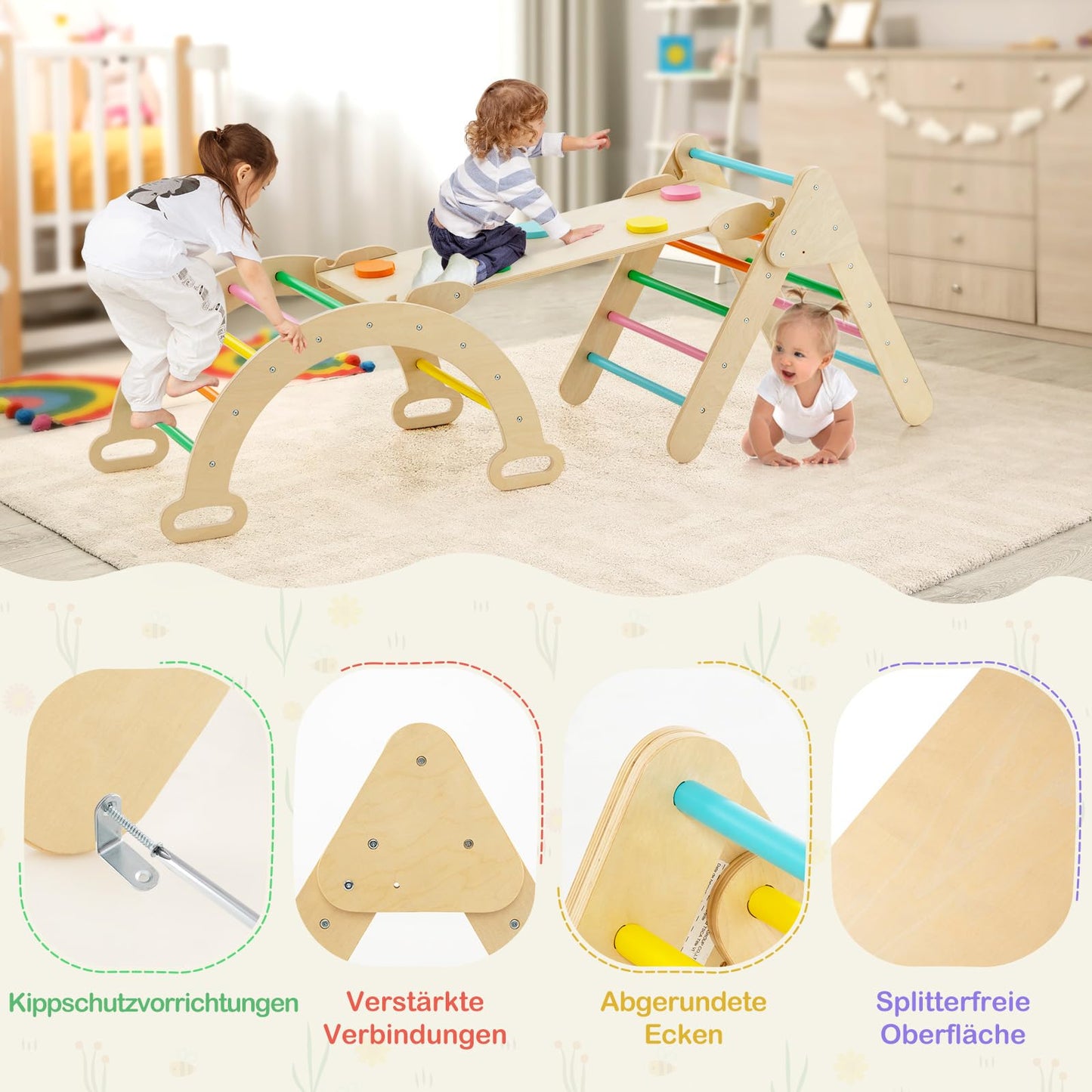 COSTWAY Kletterdreieck mit Rutsche, Kletterbogen, inkl. doppelseitige Rampe, zum Klettern, Rutschen und Wippen, 4 in 1 Klettergerüst Indoor ab 1 Jahr (Macaron bunt)