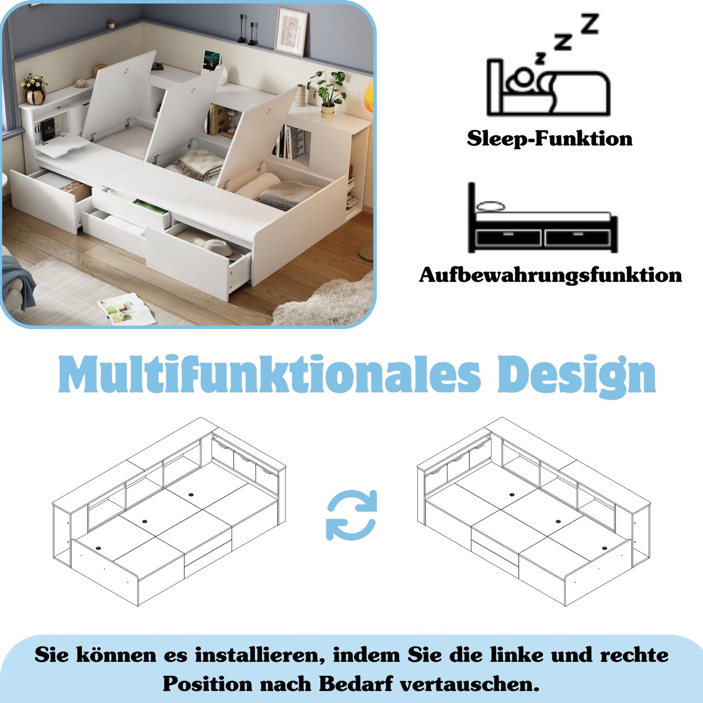 Children's Bed 90 x 200 cm, Wooden Bed with Drawers and Board, Headboard with Bookshelf and Fall Protection, Bed with Slatted Frame and Storage Space, Teenager's Bed, Functional Bed, Wooden Bed Frame,