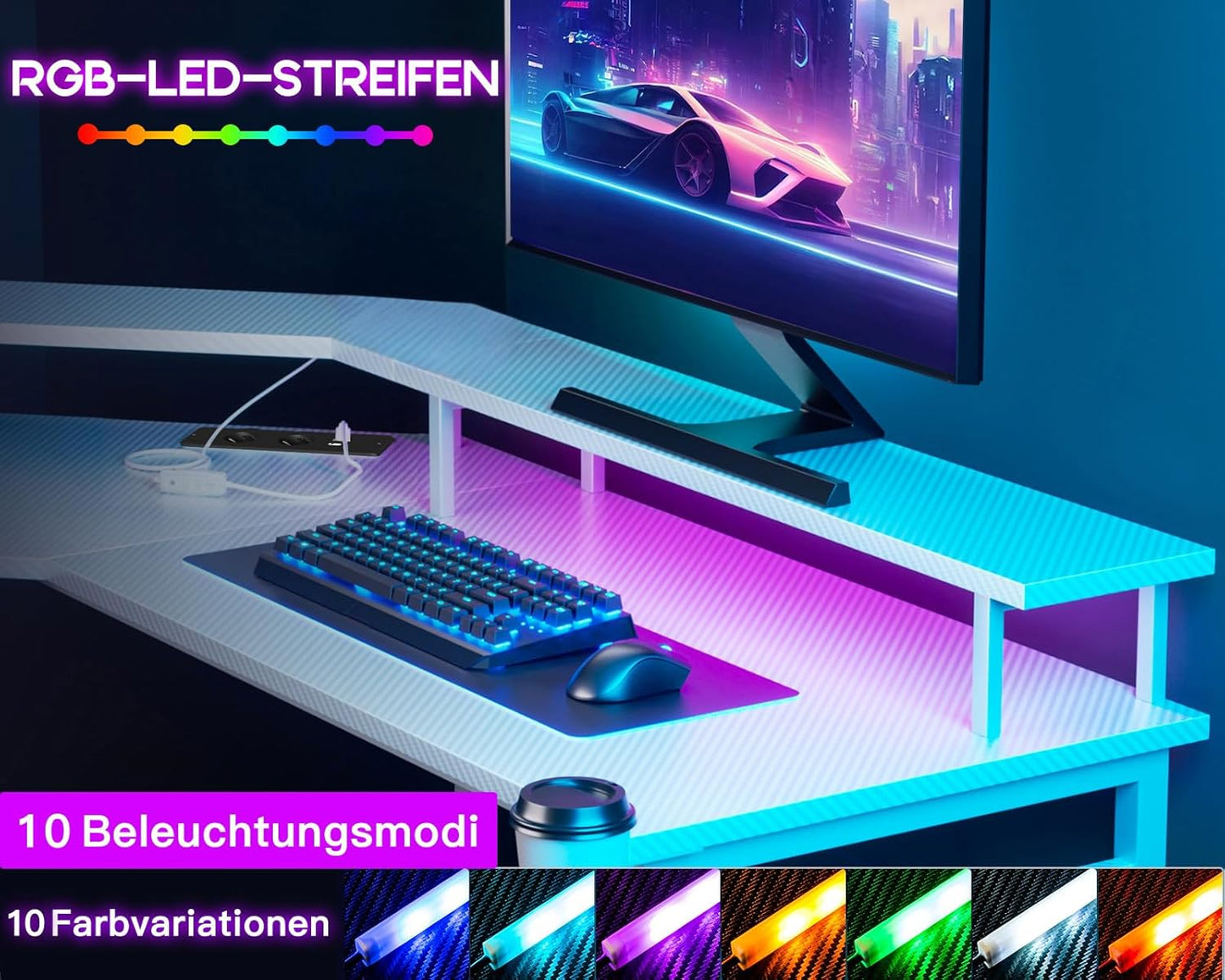 ODK Gaming Tisch mit LED, Gaming Schreibtisch mit 2 Steckdosen und 2 USB Ladeanschluss, PC Tisch Gaming mit großzügiger Monitorablage, Gamer Schreibtisch in Kohlefaser Weiß, 129x129 cm
