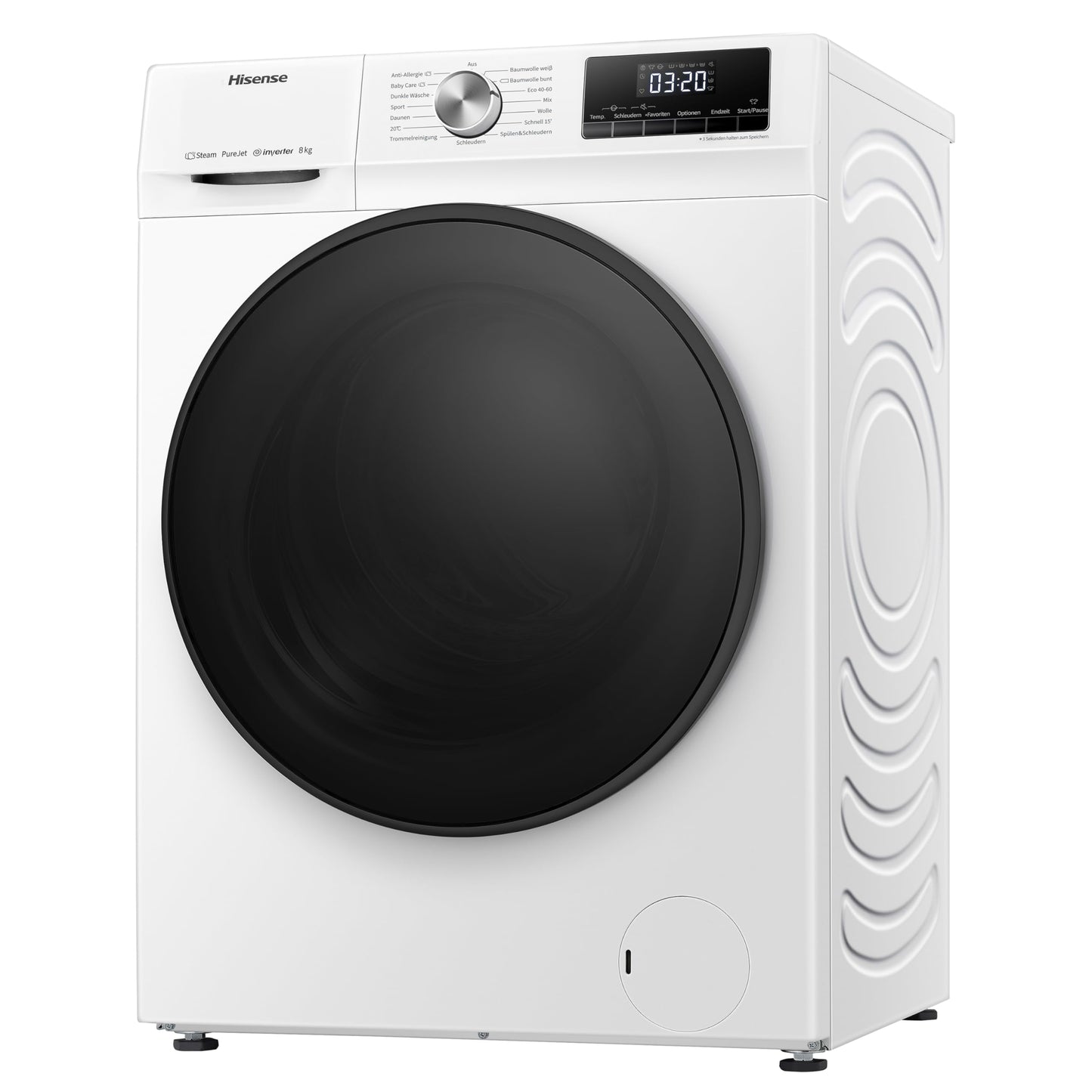 Hisense WF3S8043BB3 Waschmachine mit Dampffunkunktion, 8 kg, 1400 U,min, WIFI, ConnectLife, Power JetWash, Anti-Allergie Programm, Aqua Stop, Auto Wash, Quick Wash, EEK A-30 Prozent