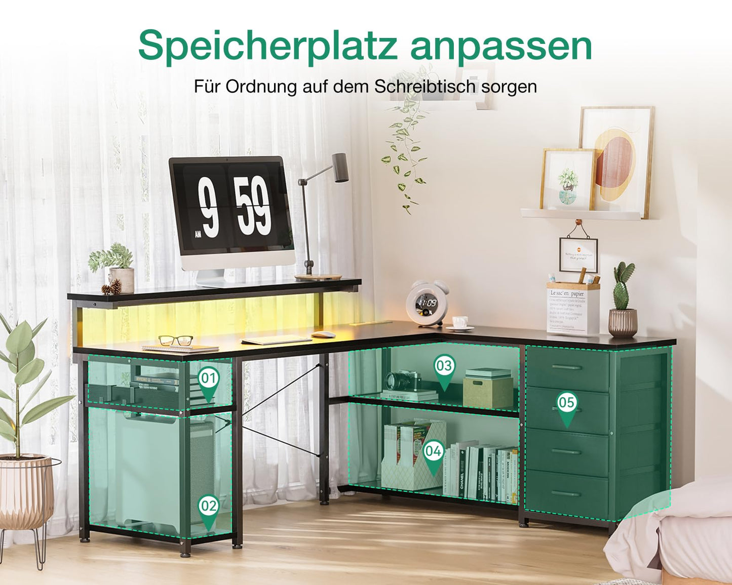 ODK Schreibtisch mit Schubladen, Reversible Eckschreibtisch mit 2 Steckdosen und 2 USB Ladeanschluss, Bürotisch L Form mit LED für Home Office 135×110cm (Graueiche)