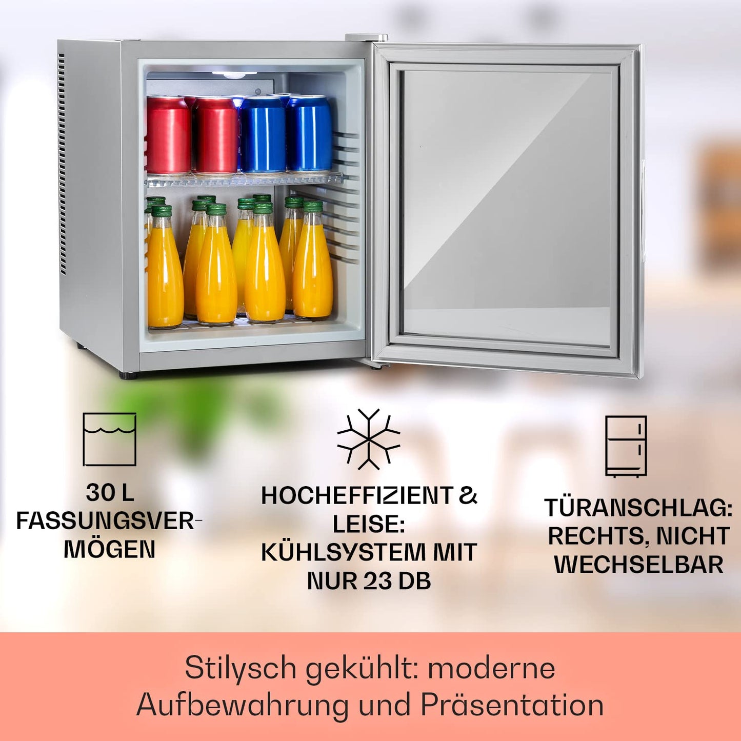 Klarstein Kühlschrank, Mini Kühlschrank mit Glastüre, Mini-Kühlschrank für Getränke, Snacks & Kosmetik, Kühlschrank Klein & Leise, Verstellbare Ablagen, Kleiner Skincare Kühlschrank 12-18°C, 23L