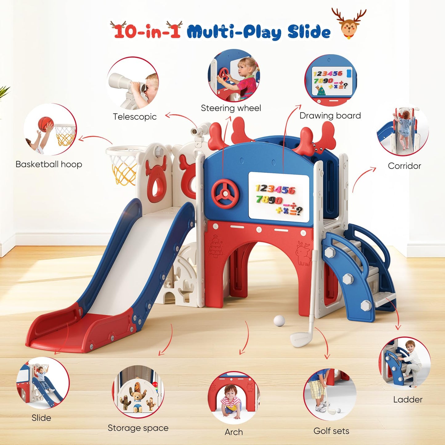 Krovtoy Kleinkindrutsche mit Weihnachtselch-Motiv, freistehende Kleinkindrutsche mit Golf-Set, Babyrutsche, Spielplatzgerät, für den Innen- und Außenbereich (Grau Beige - 6 in 1)