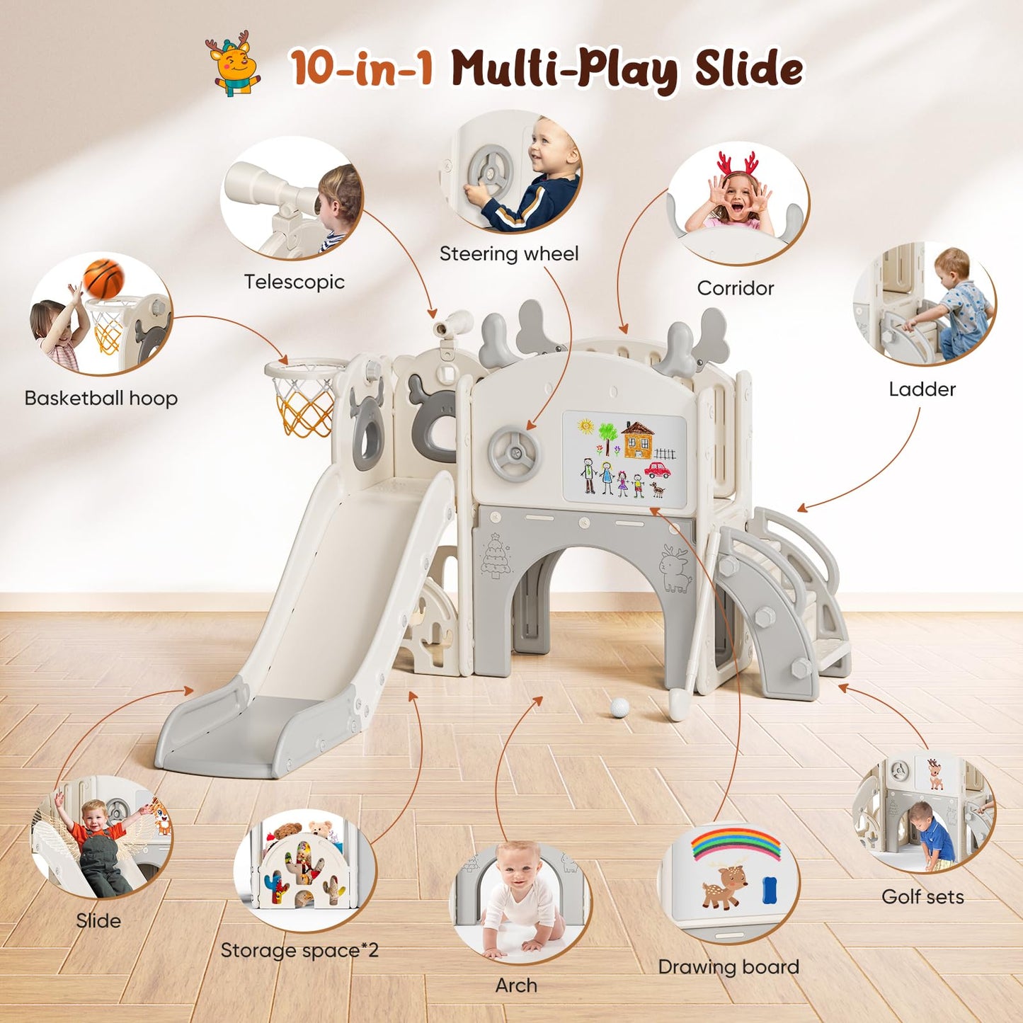 Krovtoy Kleinkindrutsche mit Weihnachtselch-Motiv, freistehende Kleinkindrutsche mit Golf-Set, Babyrutsche, Spielplatzgerät, für den Innen- und Außenbereich (Grau Beige - 6 in 1)