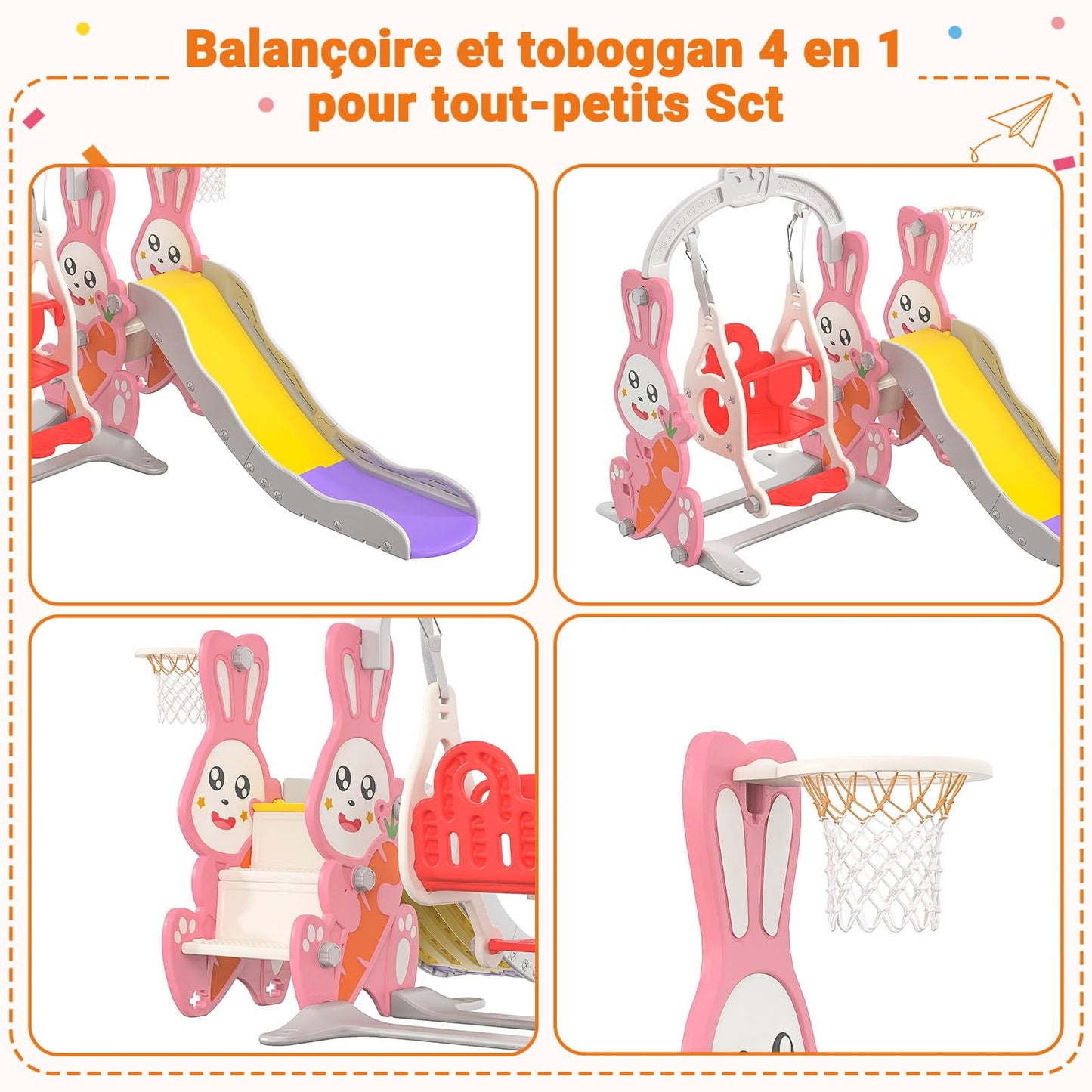 Kinderrutsche, Babyschaukel, 4 in 1, mit Schaukeln, Treppen, Gleiten, Basketballgestellen, Spielplatz für drinnen und draußen, multifunktionale Rutsche (Rosa, Kaninchen)
