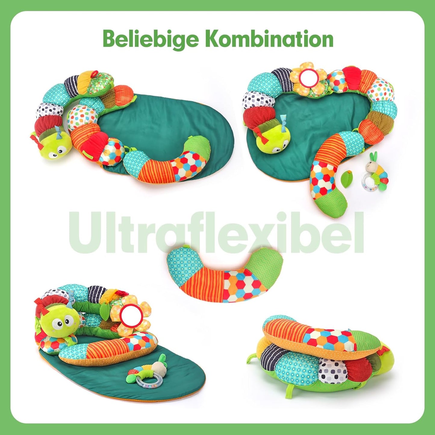 hahaland Baby Toy 3 6 9 12 Months, 3-in-1 Removable Caterpillar for Baby Prone Position Help Sit Support, Tummy Time Toys Play Cushion with Rattle, Teething Ring, Mirror for Baby Toys from 0-6-12