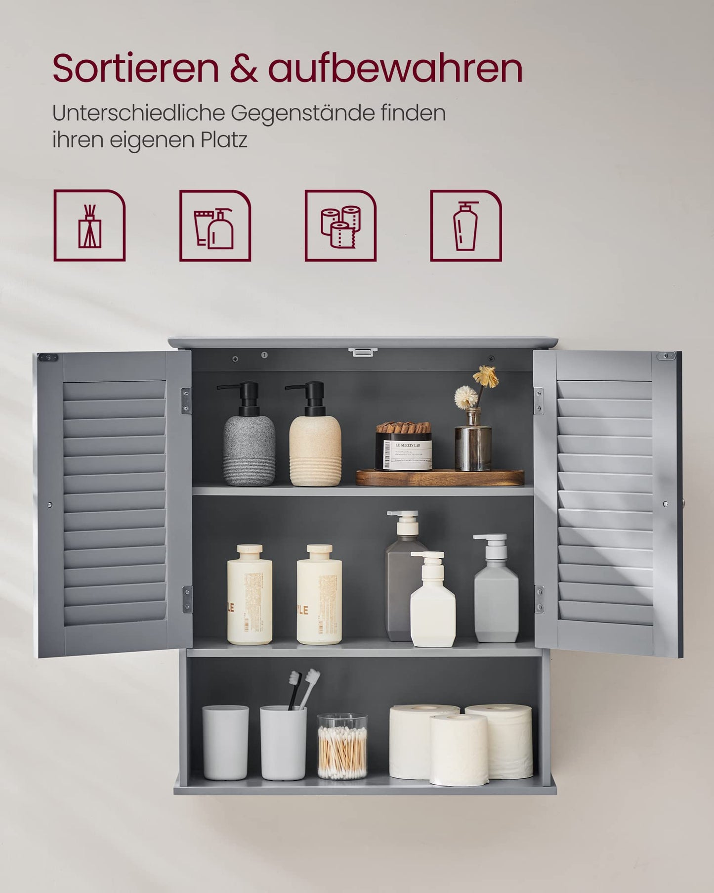 VASAGLE Wall Mounted Bathroom Cabinet, Medicine Cabinet with Height-Adjustable Shelf, Double Door, Open Compartment, 60 x 20 x 70 Cm, Wood, White, BBC27WT