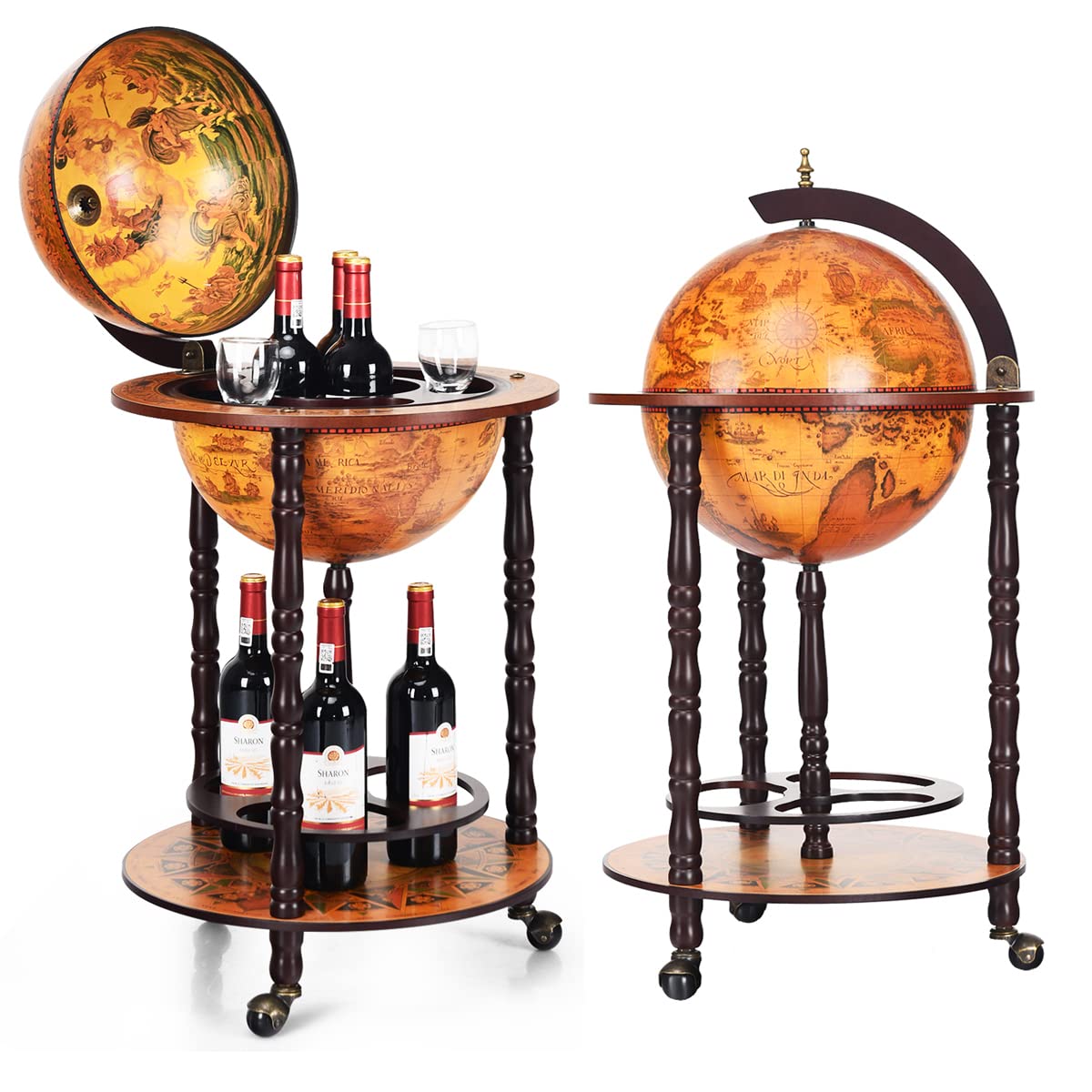 RELAX4LIFE Globe Bar on Wheels, Bar Trolley with World Globe, Bar Table Solid Wood, Serving Trolley with Wine Bottle Holder, Mobile Cocktail Bar, Antique Look, Decorative Mini Bar Serving Table
