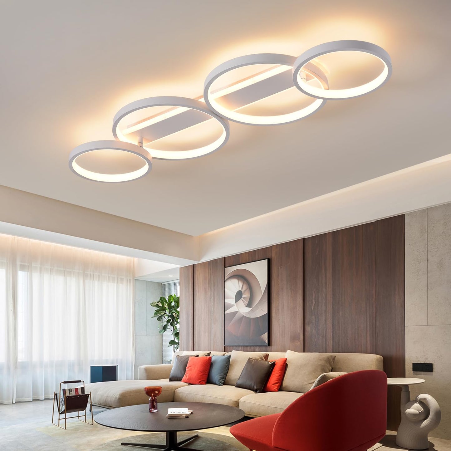 LED Ceiling Lamp, Dimmable Ceiling Light with Remote Control App, Adjustable Ring Shape Living Room Lamp 4 Bulbs Chandelier Lamp, 48 W 3000-6500 K Ceiling Lighting for Bedroom Living Room, Black, 86