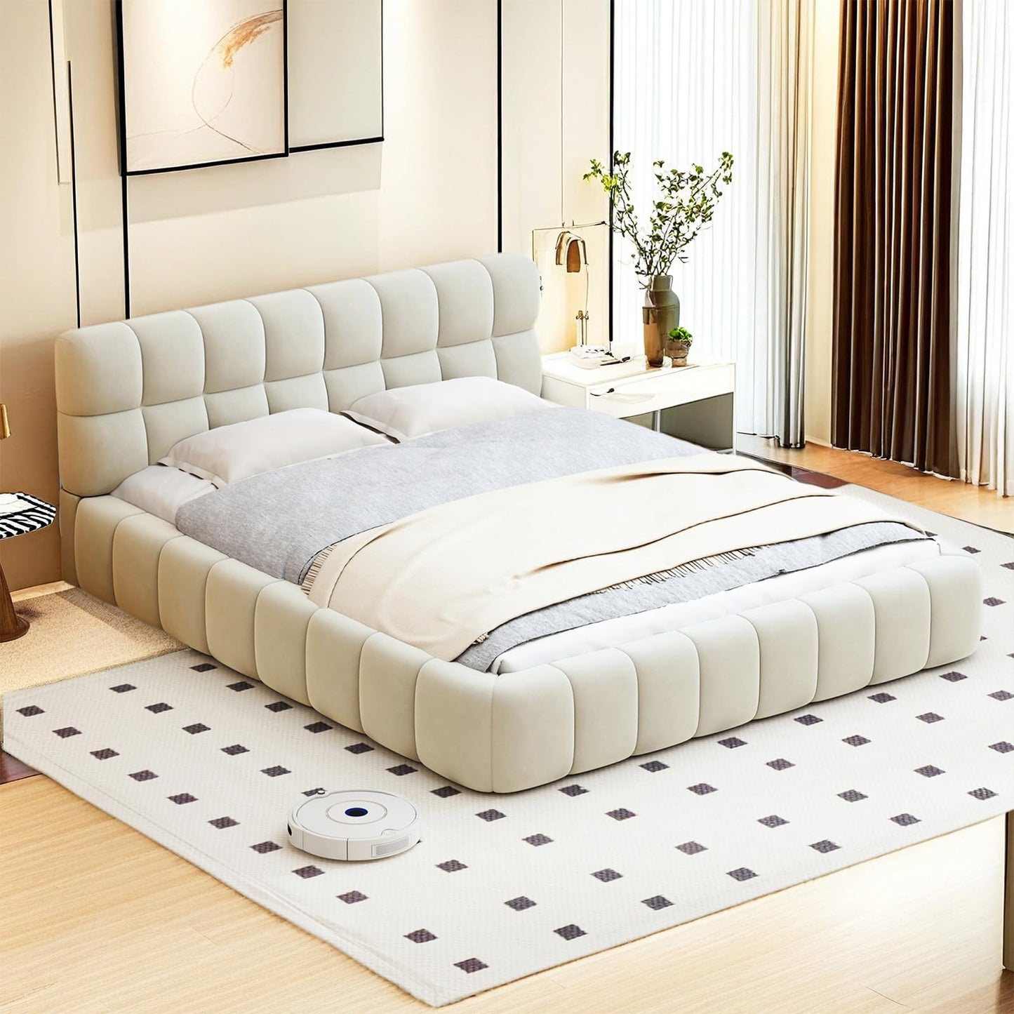 DULRLLY Bubble Bett Polsterbett 140x200 cm,Doppelbett mit Lattenrost, Jugendbett mit Gepolstertes Kopfteil, Gepolstertes Bett für Schlafzimmer und Gästezimmer,ohne Matratze, Leinenstoff (Weiß)