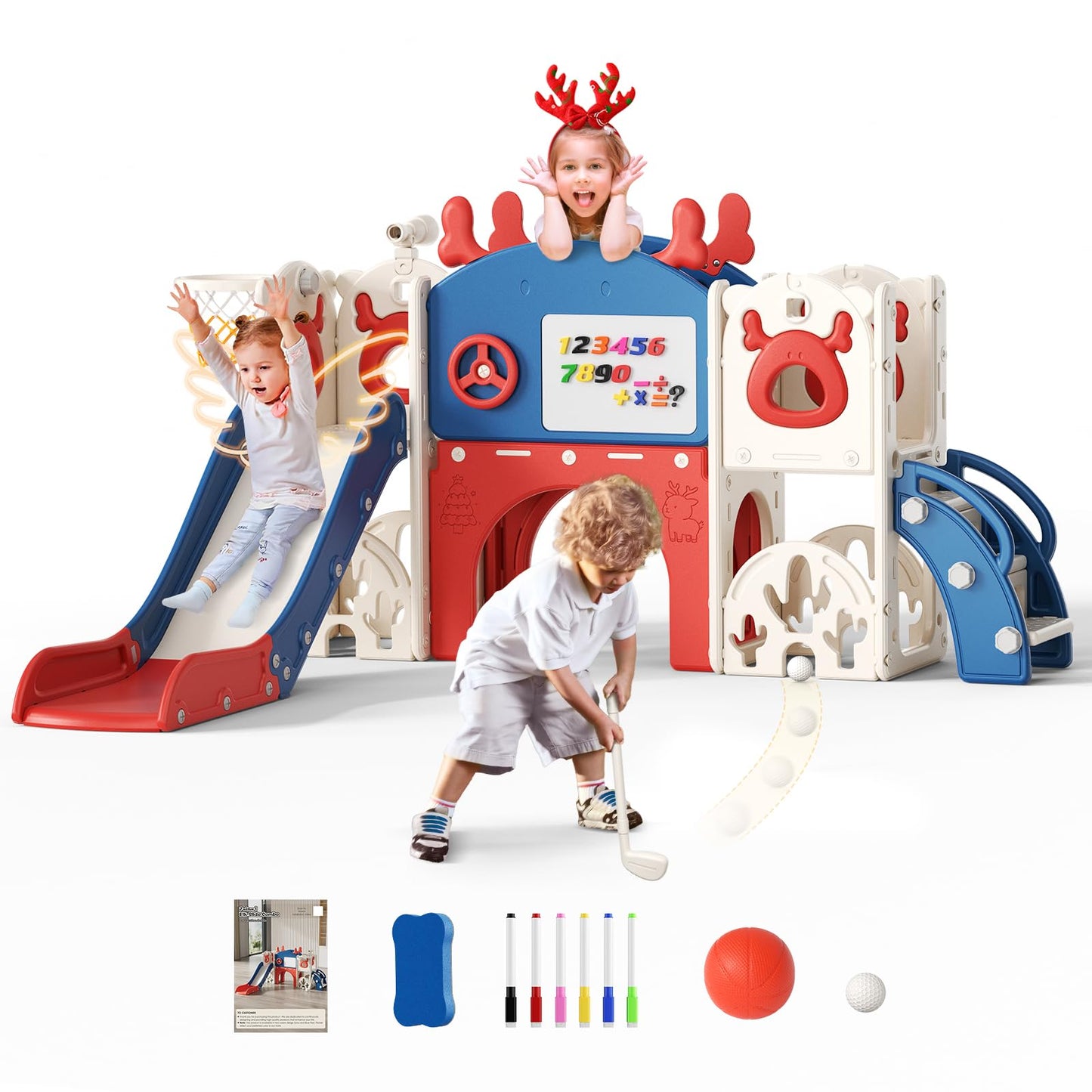 Krovtoy Kleinkindrutsche mit Weihnachtselch-Motiv, freistehende Kleinkindrutsche mit Golf-Set, Babyrutsche, Spielplatzgerät, für den Innen- und Außenbereich (Grau Beige - 6 in 1)