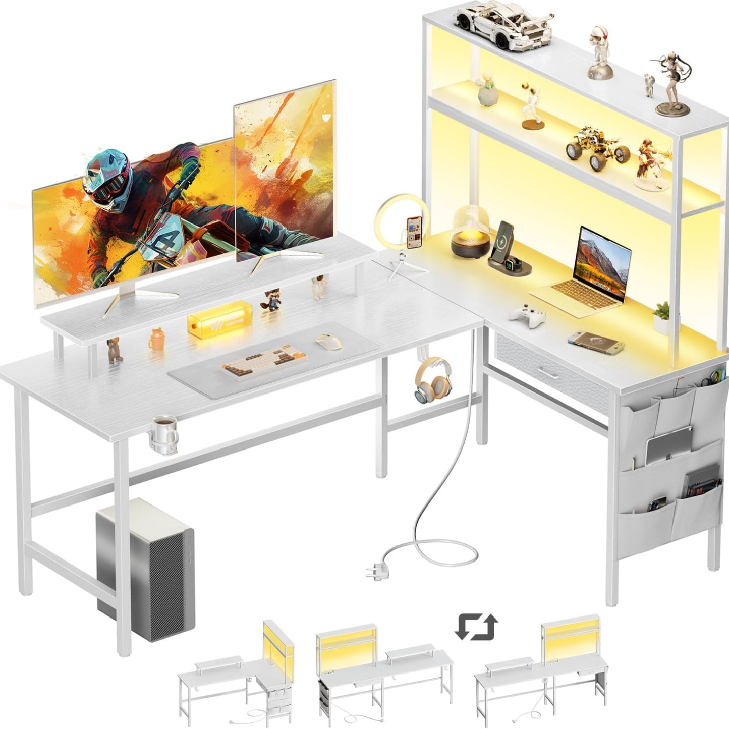 HLONONE Gaming Table with LED, 150 x 100 cm Gaming Desk, L Shape with 3 Sockets and 2 USB, Reversible Corner Desk, PC Corner Table, Computer Desk with Monitor Stand and Countertop Shelf, Black