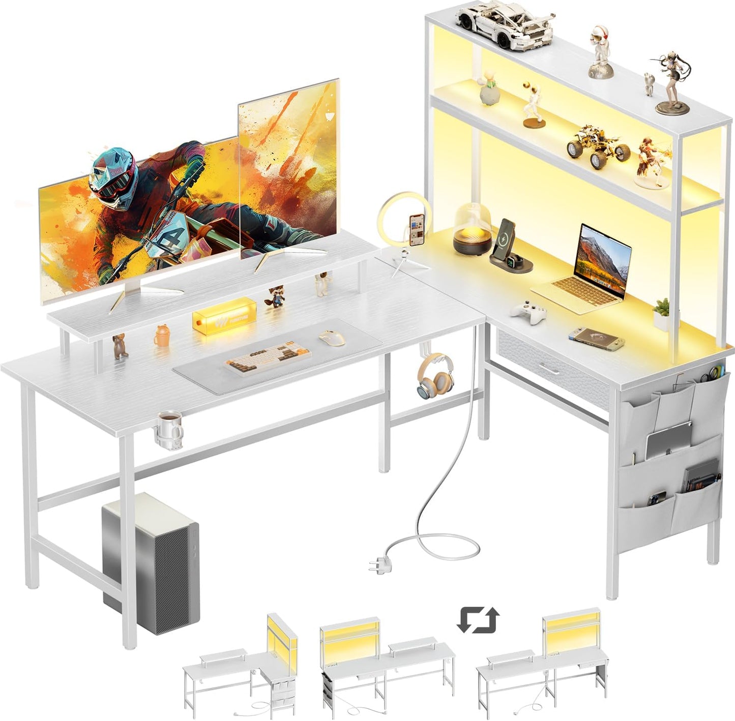 HLONONE Gaming Table with LED, 150 x 100 cm Gaming Desk, L Shape with 3 Sockets and 2 USB, Reversible Corner Desk, PC Corner Table, Computer Desk with Monitor Stand and Countertop Shelf, Black