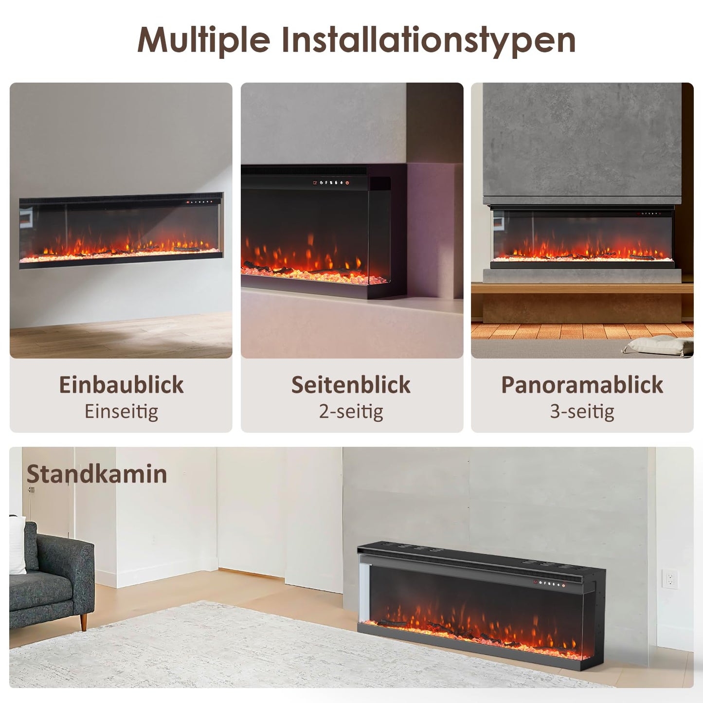 INMOZATA Elektrokamin 50''/127cm vertieft/freistehender elektrischer Kamin 3-Seiten-Glasanzeige Medien-Wand-Feuer mit 9-Farben Realistische LED Flammeneffekt Touch Fernbedienung für Überhitzungsschutz