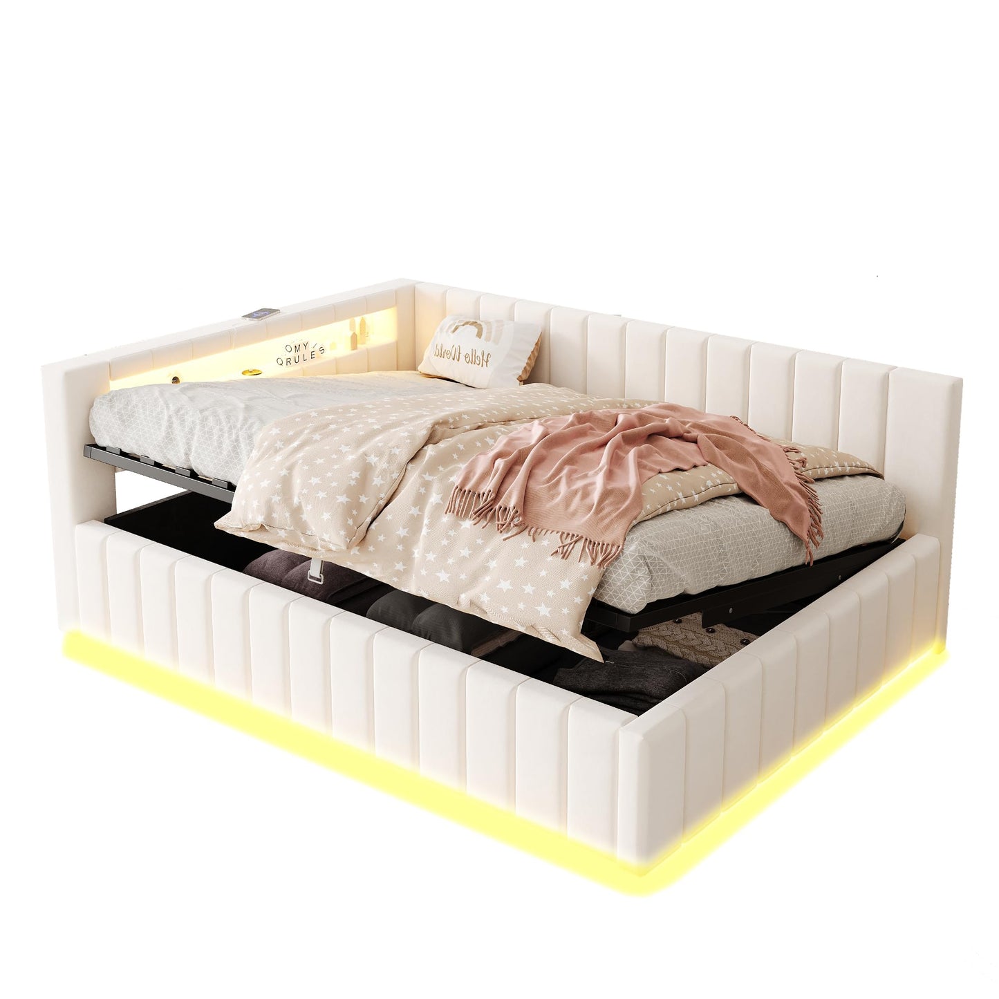 KEYIDE Upholstered Sofa Bed, 140 x 200 cm with LED Lighting and USB Charging, Bed Frame with Wooden Slatted Frame, Day Bed, Guest Bed, Youth Bed, Velvet Fabric, Without Mattress (Grey, 140 x 200)