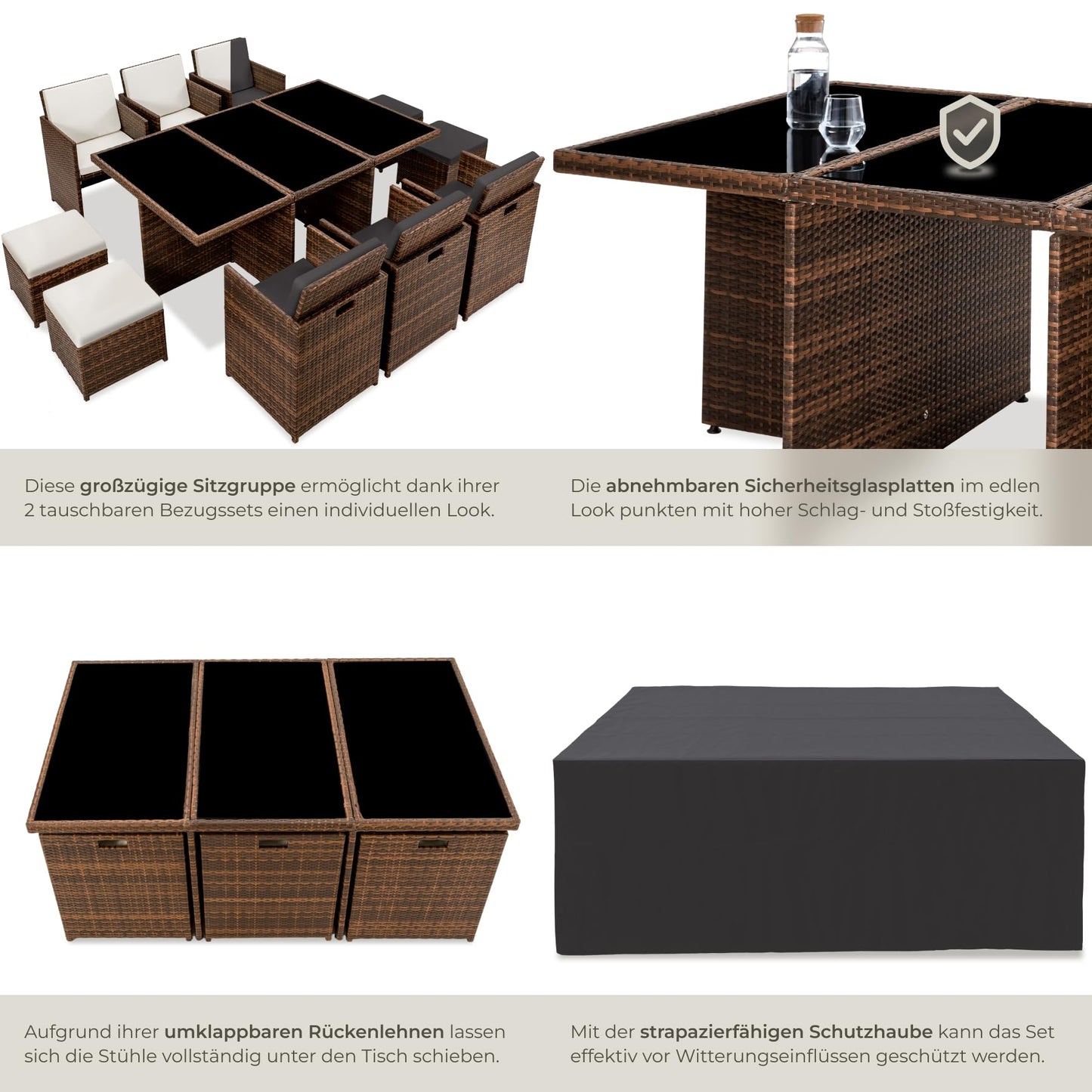 tectake Polyrattan Gartenmöbel Set, Sitzgruppe mit 6 Stühle +1 Glasplatte Tisch + 4 Hocker, Gartenlounge Set klappbar, für bis zu 10 Personen, Balkon Möbel, inkl. 2 Bezugsset - Natur