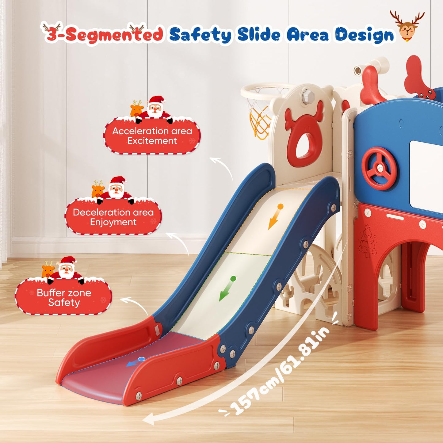 Krovtoy Kleinkindrutsche mit Weihnachtselch-Motiv, freistehende Kleinkindrutsche mit Golf-Set, Babyrutsche, Spielplatzgerät, für den Innen- und Außenbereich (Grau Beige - 6 in 1)