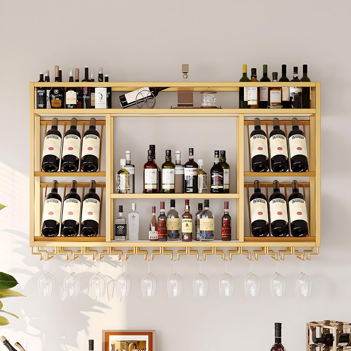 amhricho Wandweinregal Metall, Industrielles Wandmontierte Weinregal mit Glashalter, Schwebendes Regal für Bareinheiten, für Zuhause, Restaurant, Bar (Black, 80 * 25 * 70CM)