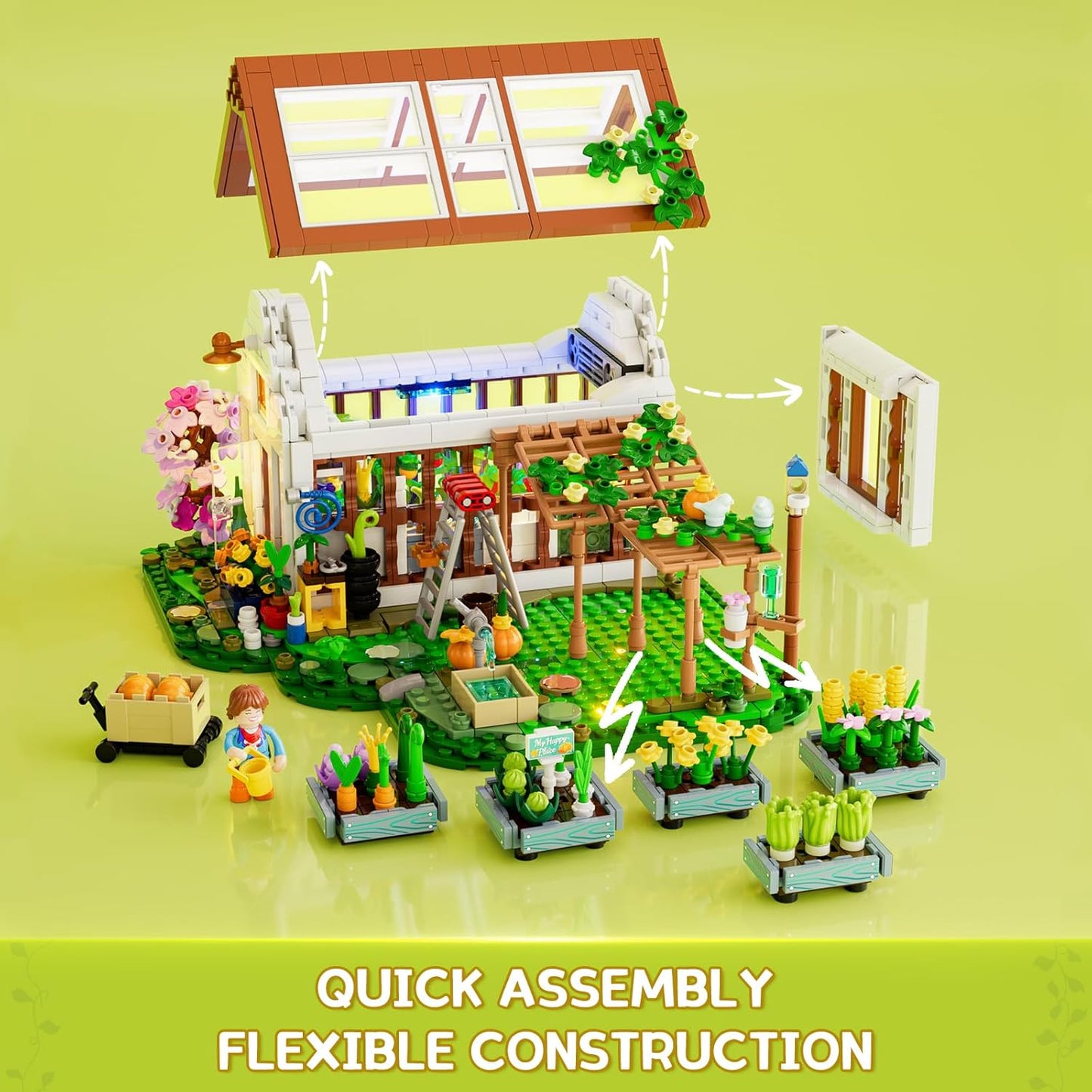 FUNWHOLE Botanical Greenhouse Illuminated Building Block Set - Farm Flower House with LED Light, Modular Model Kit, 1428 Pieces for Adults and Teenagers Who Love Flowers and Plants