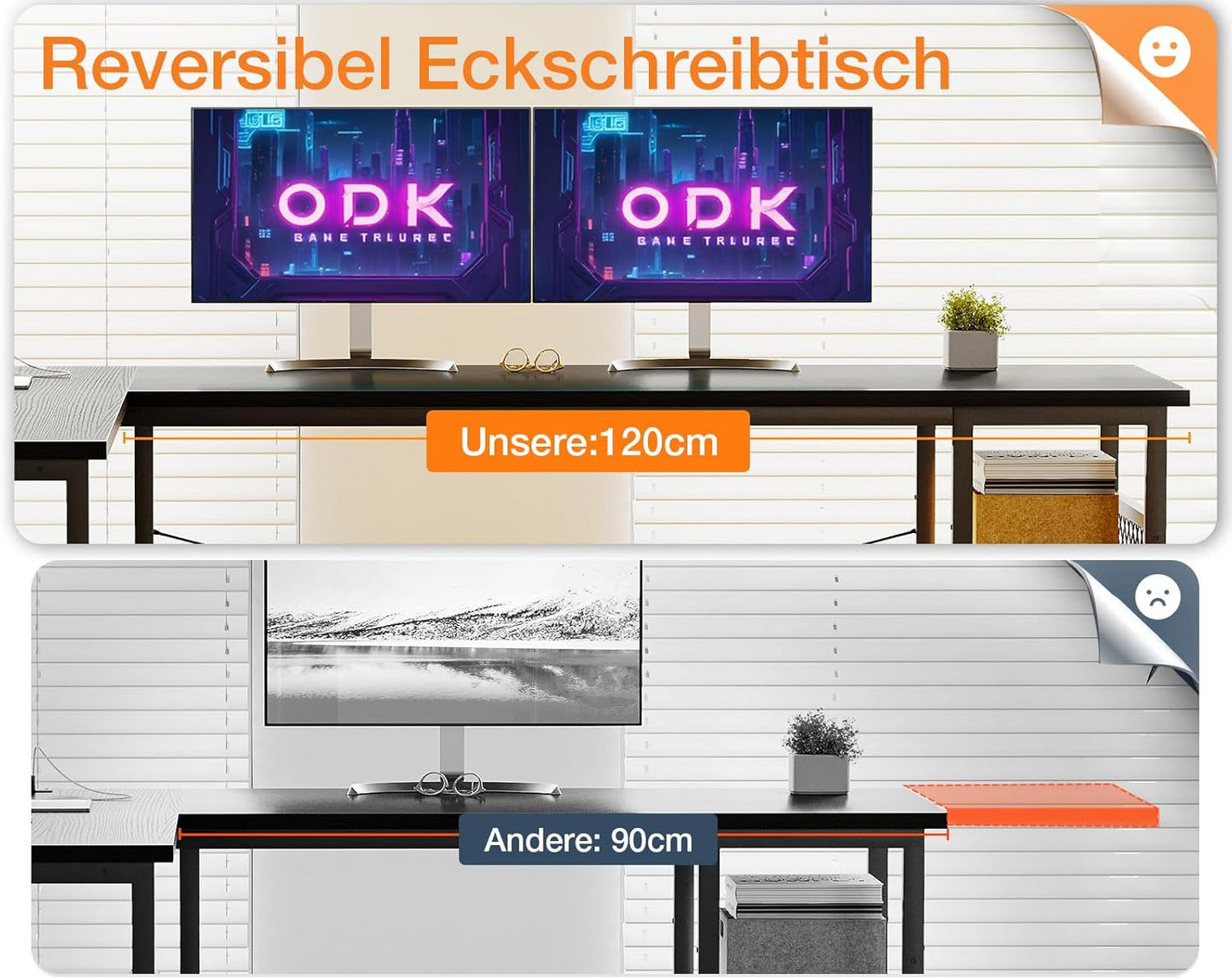 ODK Gaming Tisch, Reversibel Gaming Schreibtisch mit 2 Steckdosen und 2 USB Ladeanschluss, Eckschreibtisch für Office und Gaming, Weiß, 150×102cm