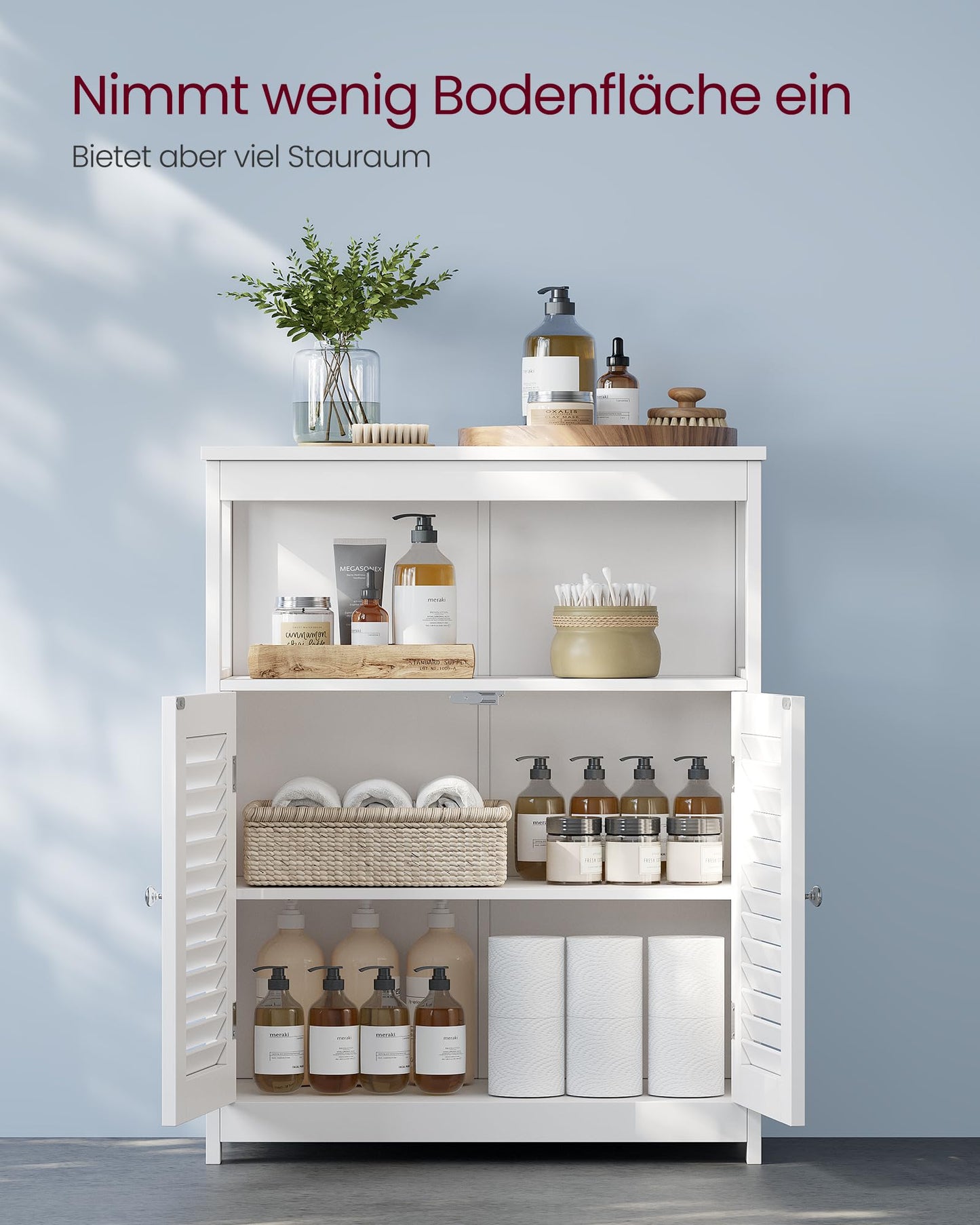 VASAGLE BBC40WT Wooden Bathroom Cupboard Organiser Shelf, Freestanding with 2 Slat Doors, White