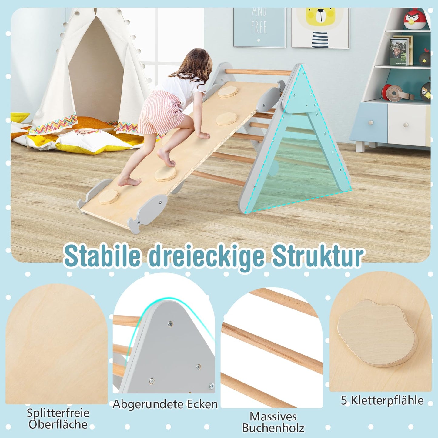 COSTWAY Kletterdreieck mit Rutsche, Kletterbogen, inkl. doppelseitige Rampe, zum Klettern, Rutschen und Wippen, 4 in 1 Klettergerüst Indoor ab 1 Jahr (Macaron bunt)