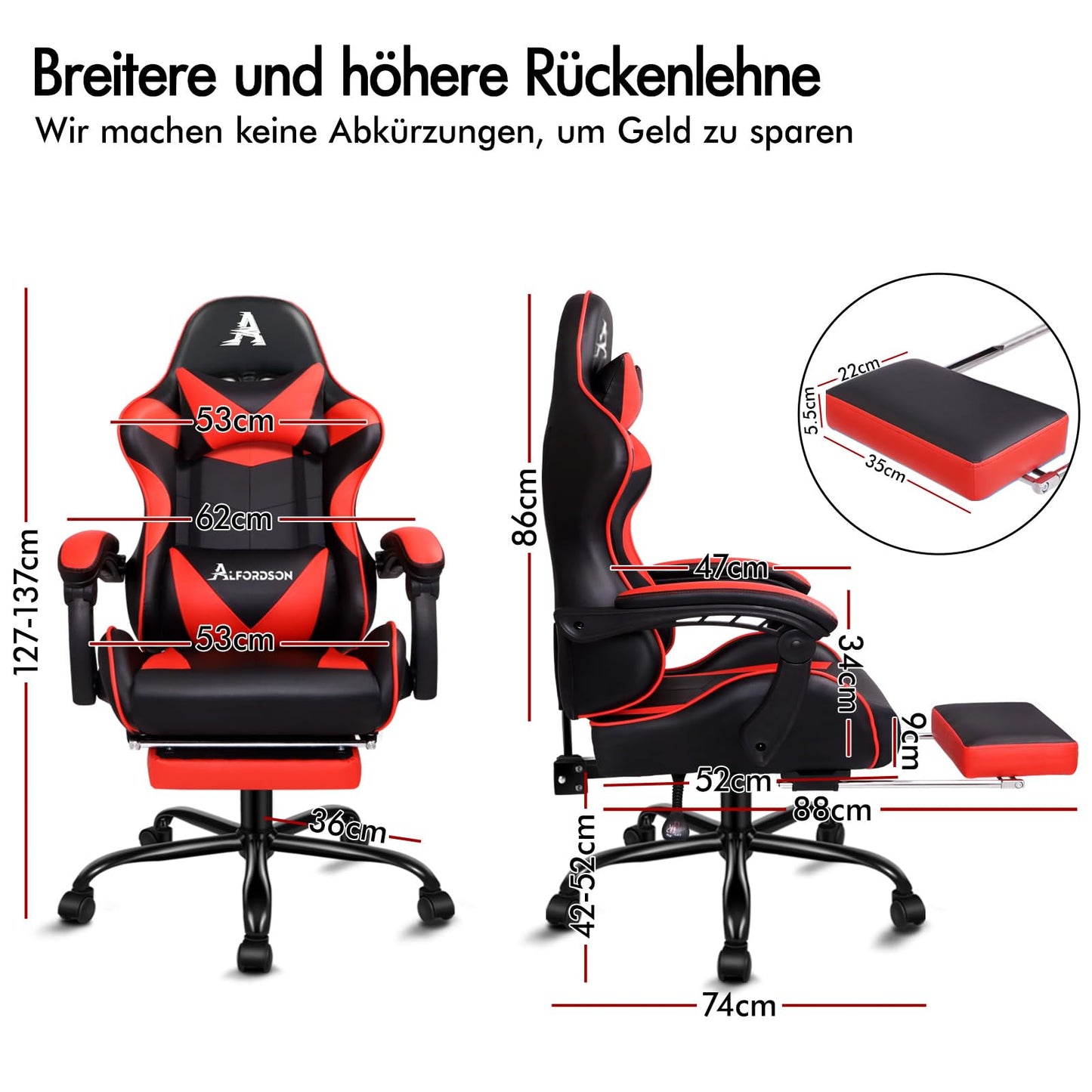 ALFORDSON Videospielstuhl, ergonomischer Bürostuhl, Massage-Rennstuhl, einziehbare Fußstütze, PU-Leder, höhenverstellbar und neigbar, 180 kg Tragkraft, Schwarz