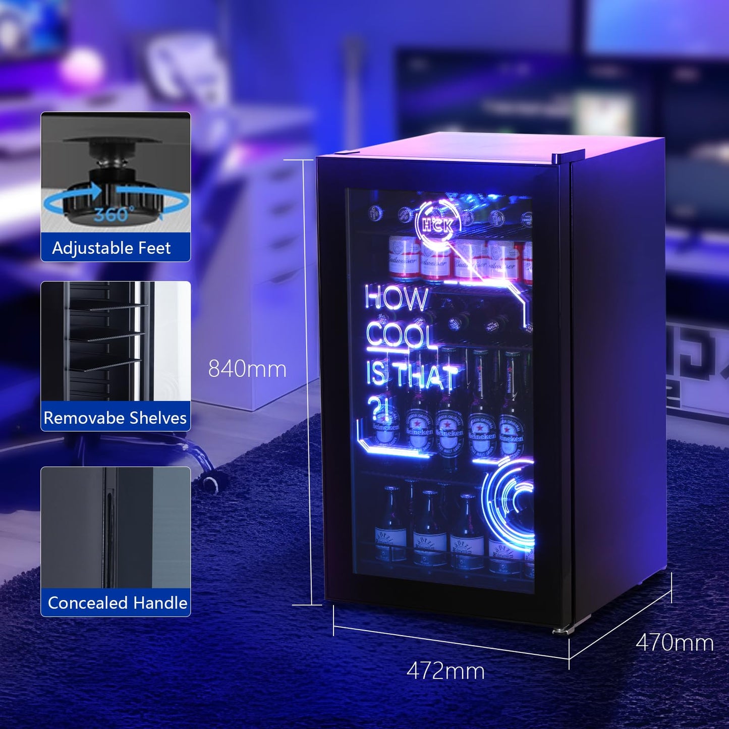 HCK 98L Getränkekühlschrank mit Cyberpunk RGB Beleuchtung, Minibar kleine Kühlschrank mit Glastür, lautlos 39dB, 0-15°C, Bierkühlschrank für Spielzimmer, Küche, Schwarz