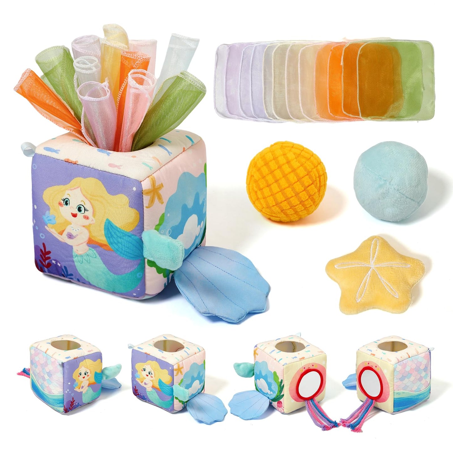 WOODEN TEETHER Tissue Box Montessori Motorikspielzeug, 6-12 Monate Sensorik Baby Spielzeug mit Spiegel, Farben, Texturen, Kinder Frühes Lernspielzeug für Jungen Mädchen Geschenke