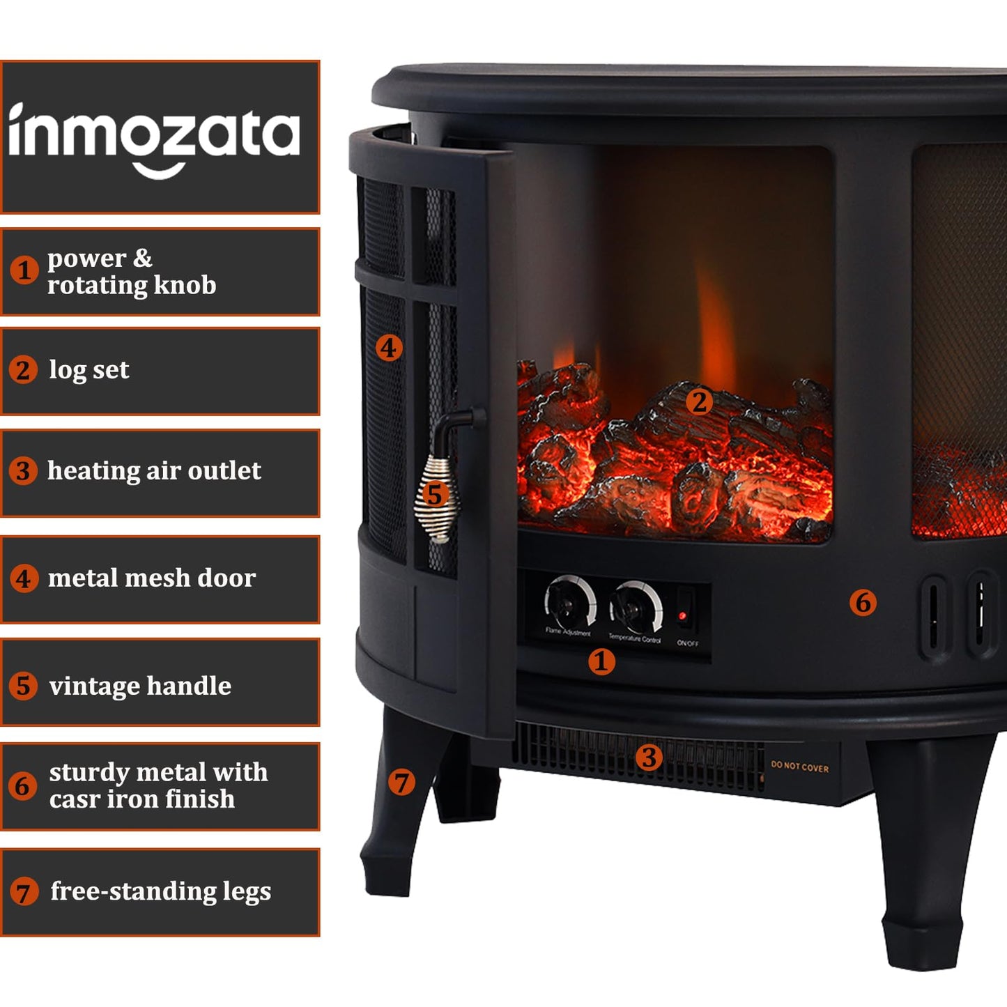 INMOZATA Elektrokamin mit Heizung 1800W LED Kaminfeuer mit Flammeneffekt, LED Kamin Elektrisch Kaminofen mit Einstellbarer Thermostat Panorama-Sichtfenster Heizfunktion
