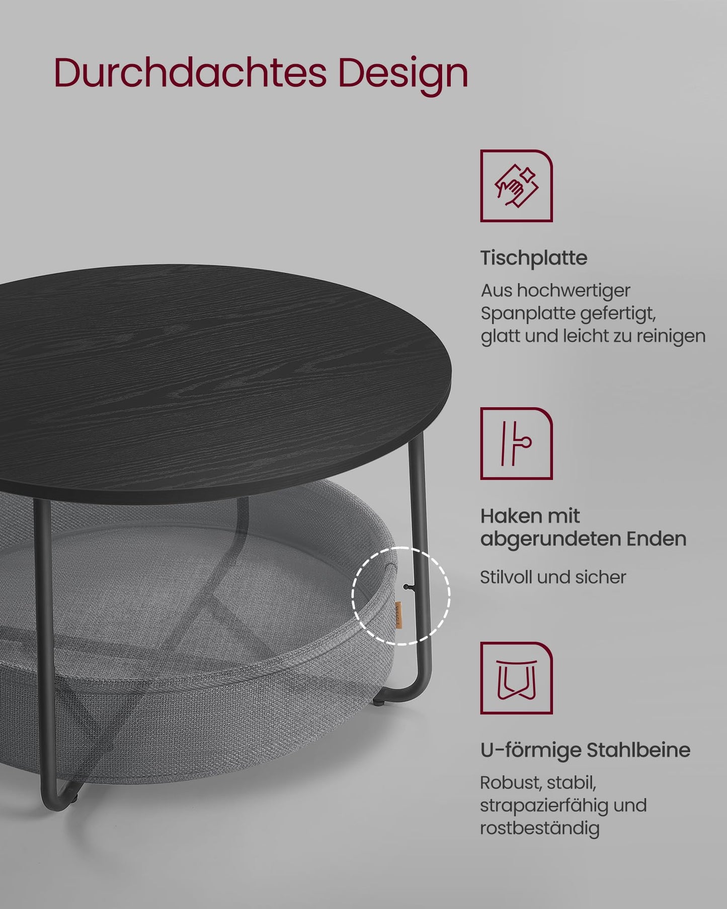 VASAGLE LCT244W10 Round Coffee Table with Storage Space Side Table Living Room Table with Fabric Basket Modern Metal Frame Matt White Camel Brown