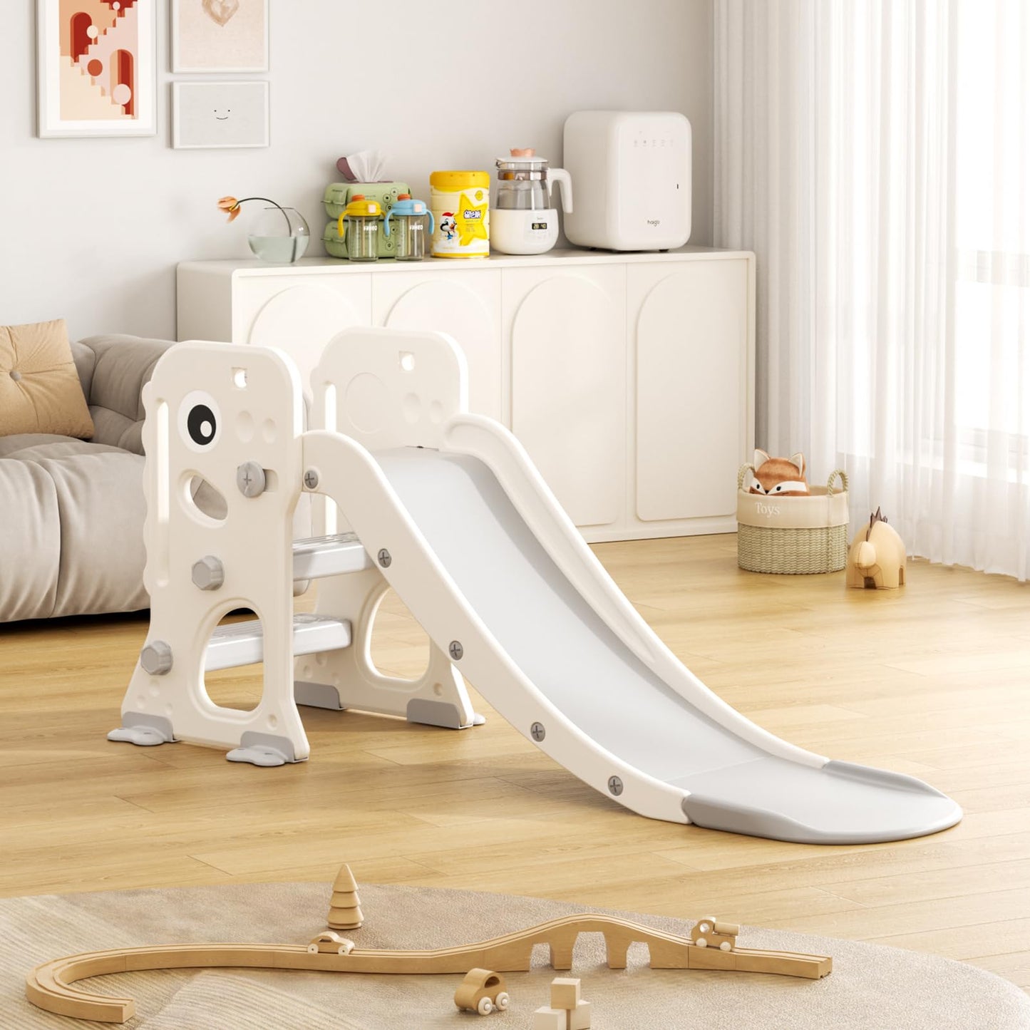 Rutsche mit Klettergerüst für Kinder: Indoor Spielplatz mit - Aufbewahrungsbox Tunnel Treppenleiter Basketballkorb und Durchgangsbereich Gartenrutsche (Star Set-G-Brown)