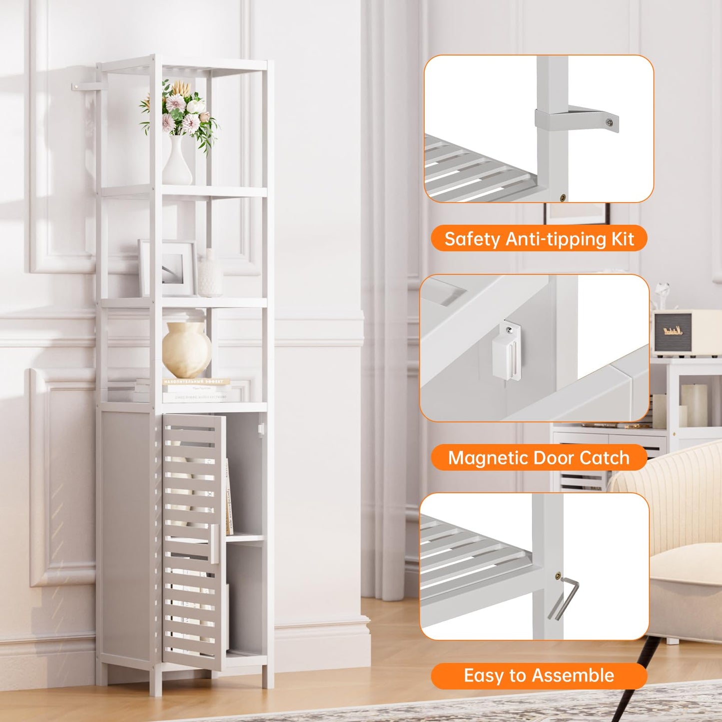 HITNET Bathroom Cabinet Bamboo Black Bathroom Cabinet Tall Cabinet Narrow Freestanding Floor Standing with Open Shelf and Single Door