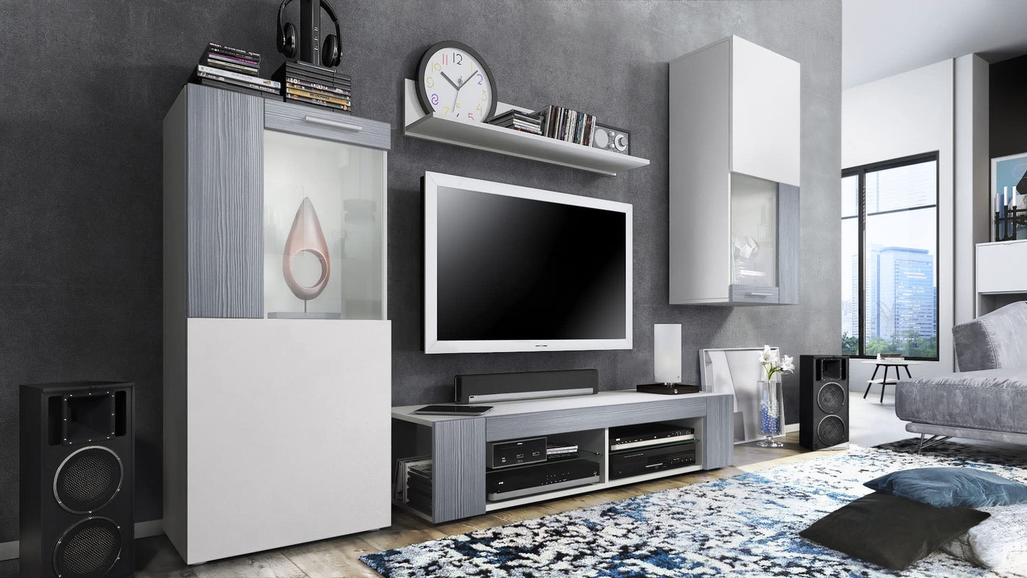 Vladon Wohnwand Movie, Anbauwand bestehend aus 1 TV-Board, 2 Vitrinen und 1 Regal, Weiß matt/Weiß matt/Weiß Hochglanz (Gesamt: 300 x 190 x 39 cm)