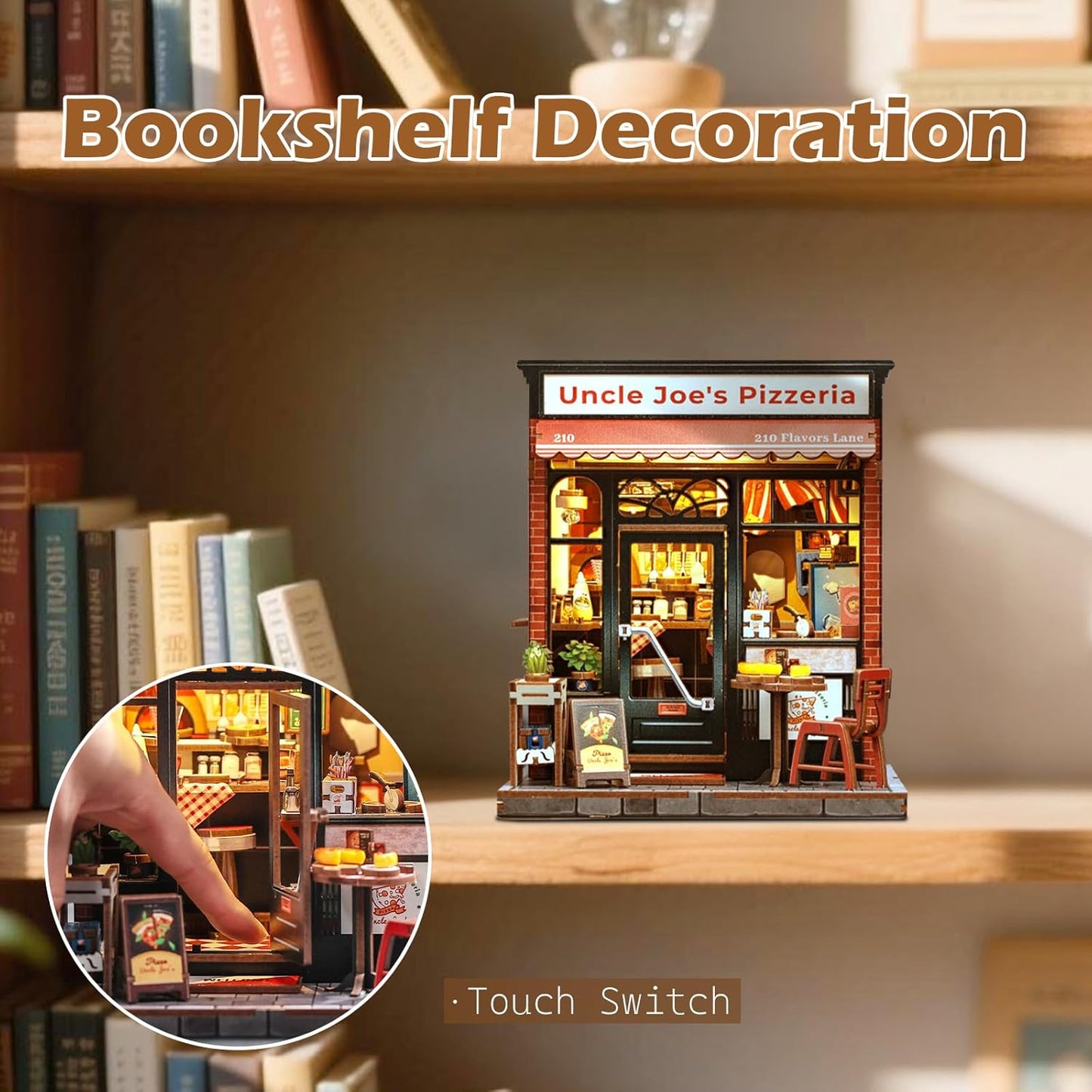 Fsolis Book Nook Kit - DIY Häuser Bausatz mit LED Beleuchtung - Retro Miniatur Bücherregal Deko Jugendliche und Erwachsene(Uncle Joe's Pizzeria)