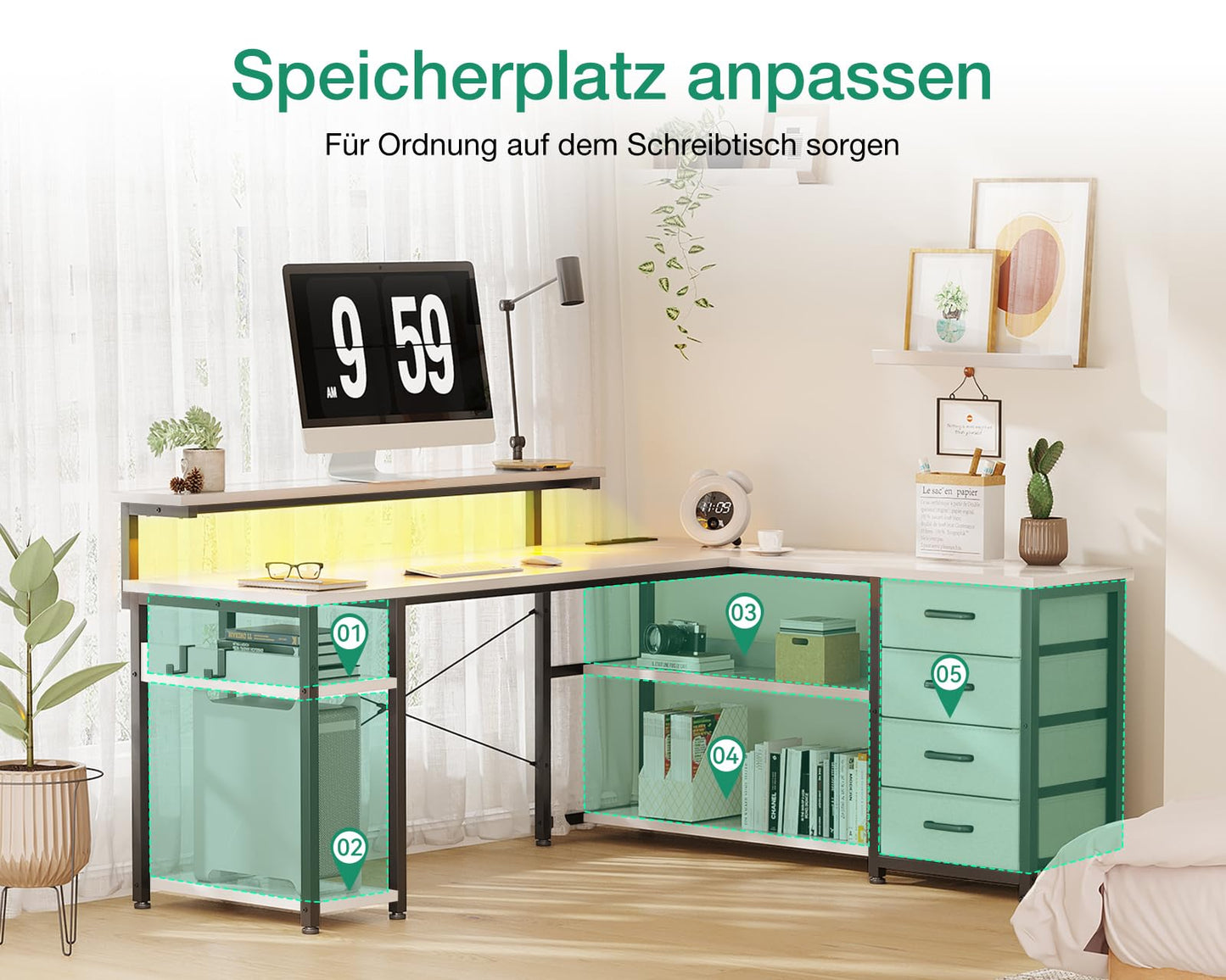 ODK Schreibtisch mit Schubladen, Reversible Eckschreibtisch mit 2 Steckdosen und 2 USB Ladeanschluss, Bürotisch L Form mit LED für Home Office 155×110cm (Alles Weiß)