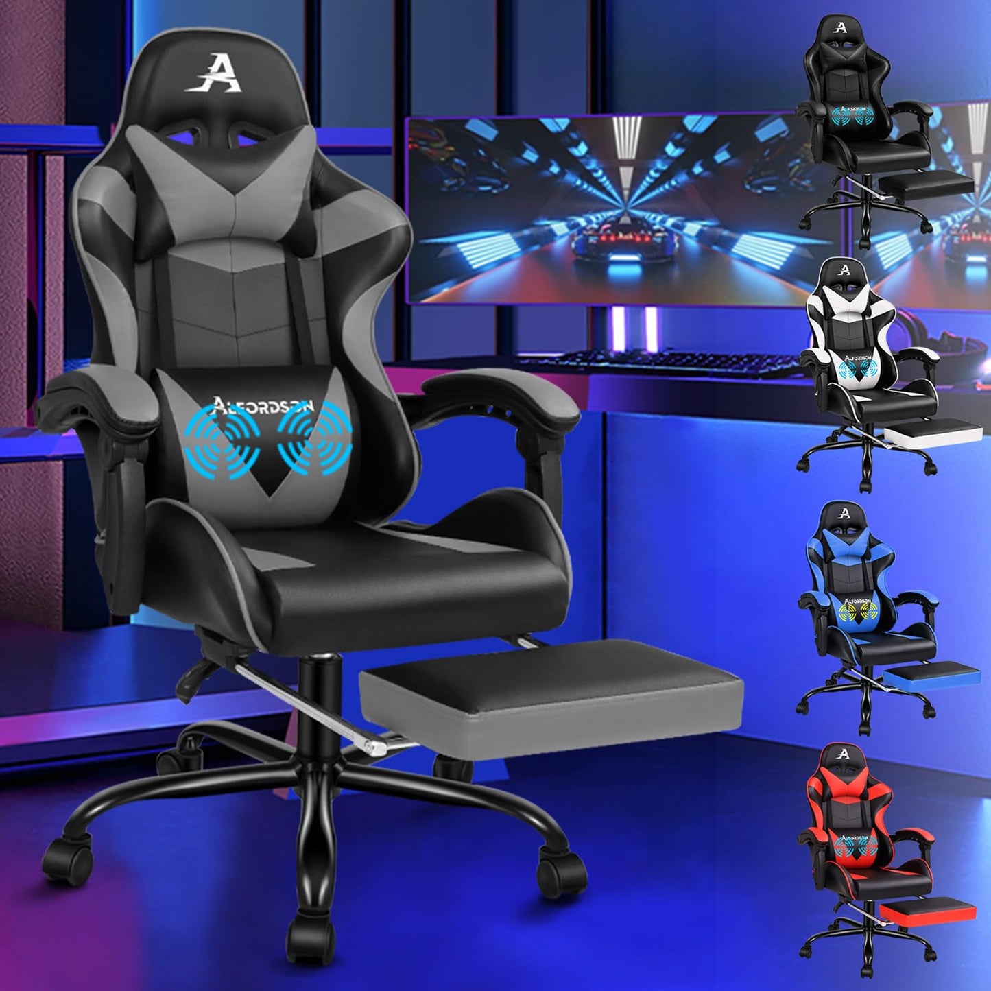 ALFORDSON Videospielstuhl, ergonomischer Bürostuhl, Massage-Rennstuhl, einziehbare Fußstütze, PU-Leder, höhenverstellbar und neigbar, 180 kg Tragkraft, Schwarz
