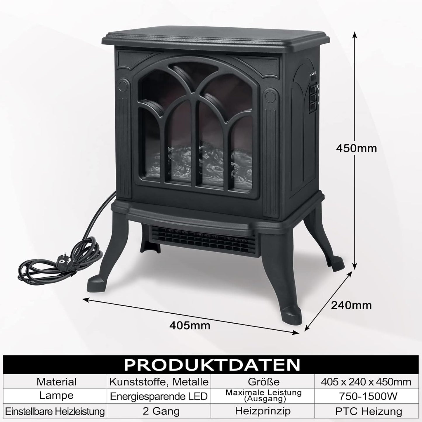 XMTECH 1500W Elektrokamin mit Heizlüfter Elektrischer Kamin Heizung, Heizer Ofen mit LED Kaminfeuer Flammeneffekt, PTC Heizleistung, geräuscharm, schwarz