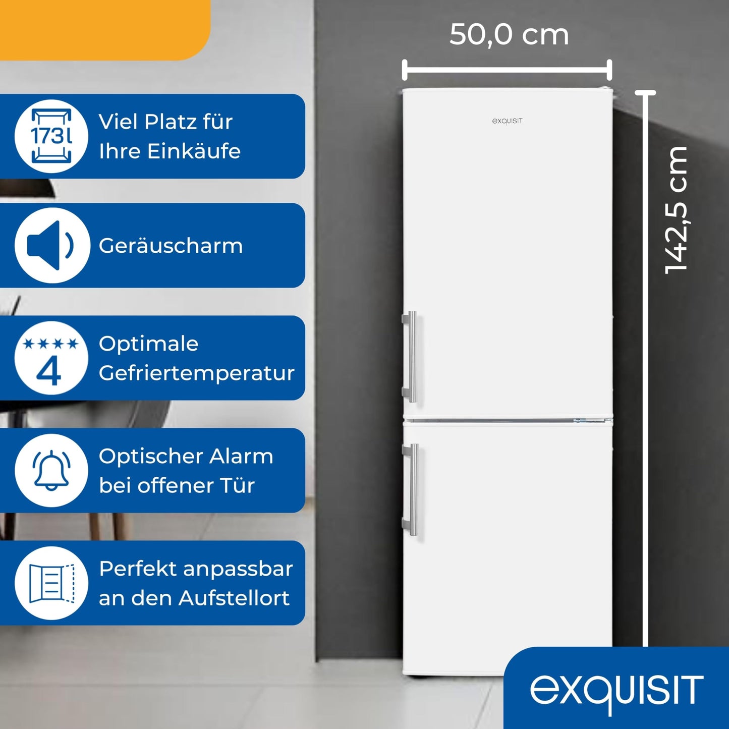 Exquisit Kühl-Gefrierkombination, 143 cm Höhe, Kühlschrank mit Gefrierfach, 4-Sterne-Gefrieren, 173 Liter, Alarm-Funktion, Kühl Gefrierkombination freistehend, KGC5233-60-HE-040D weiss