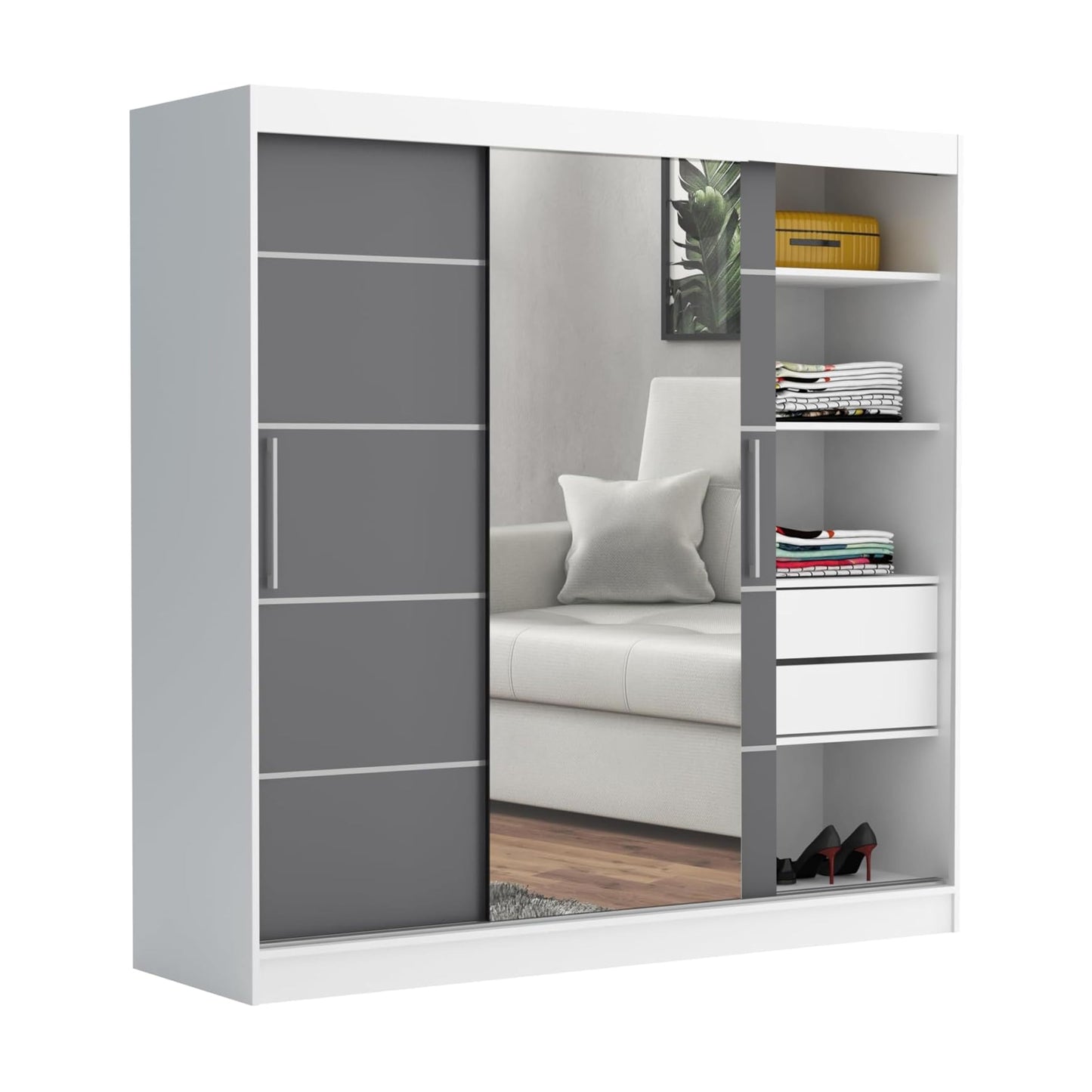 Brent - Kleiderschrank mit Spiegel und Schubladen 200cm Breit Chelsea Tomy, Schwebetürenschrank mit Spiegel, Schlafzimmerschrank, Kleiderschrank Schwarz/Wotan Eiche