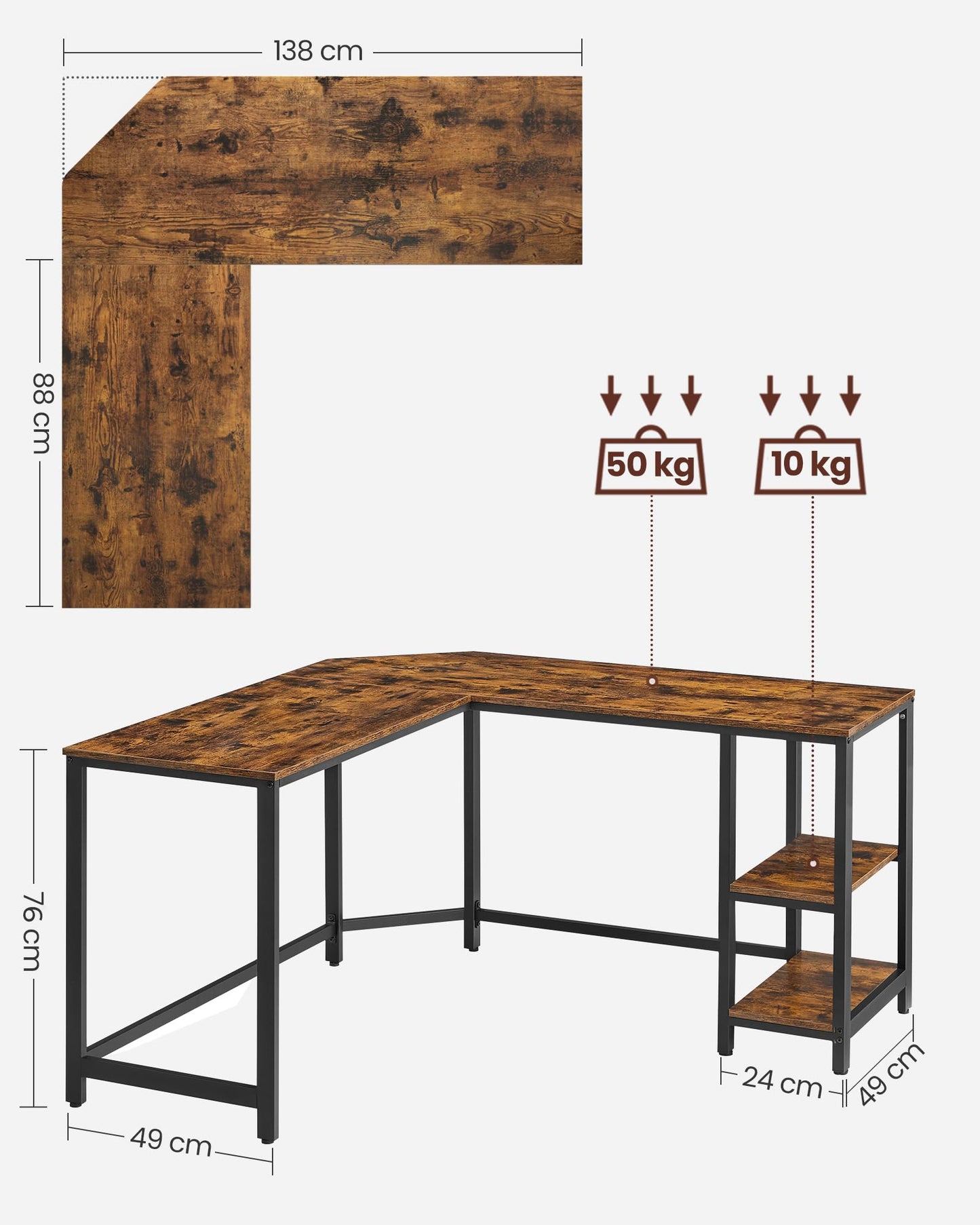 Vasagle L-Shaped Computer Desk, Corner Desk with 2 Shelves
