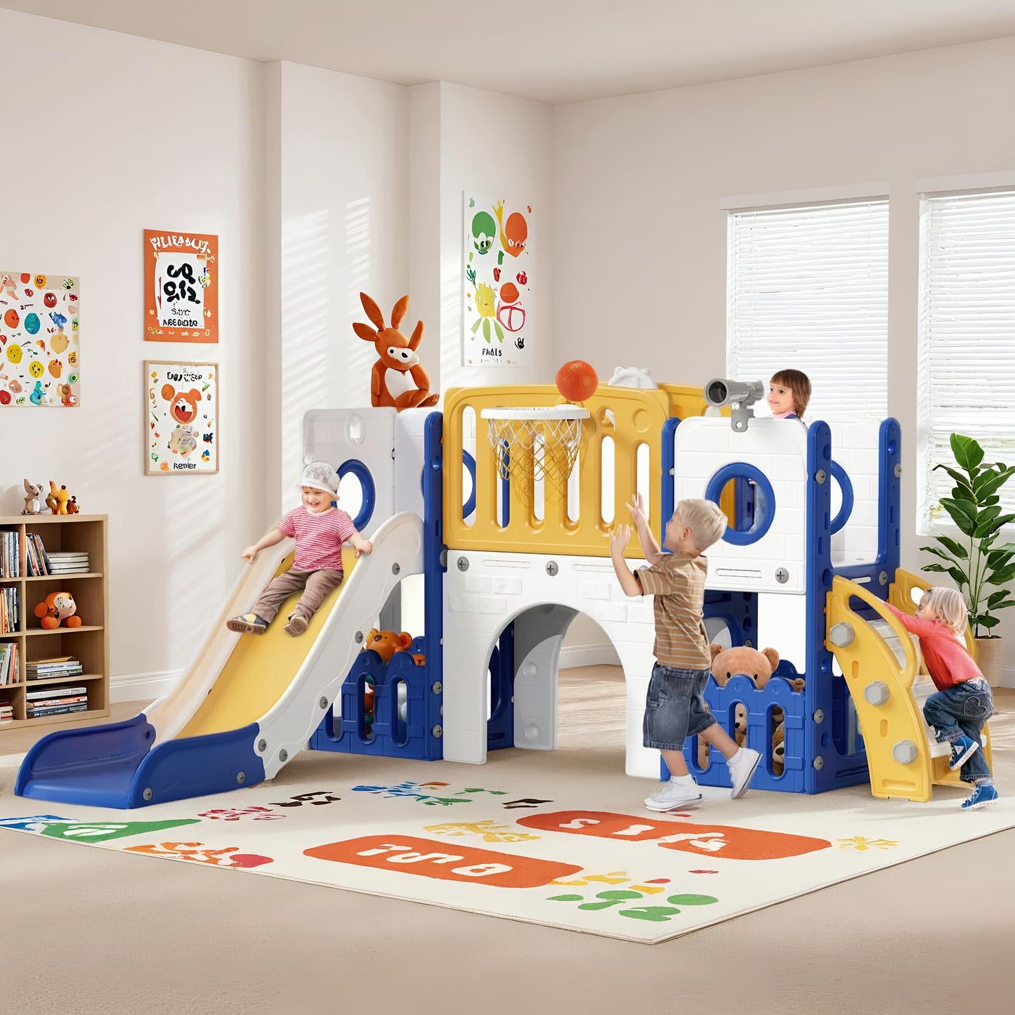 MAMIZO 9 in 1 Kinderrutsche, Kinder Rutsche mit Klettergerüst, Indoor & Outdoor Rutsche mit Basketballkorb und Teleskop, Tunnel, Stauraum, Gartenrutsche,Kinder Spielplatz, mit 2PCS Moduls, Gelb Blau